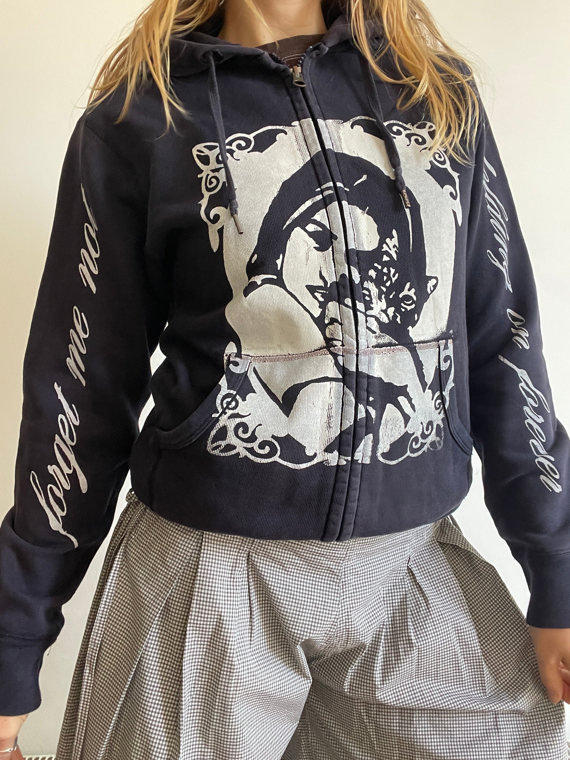 screen printed navy cat girl double zip slim fit hoodie