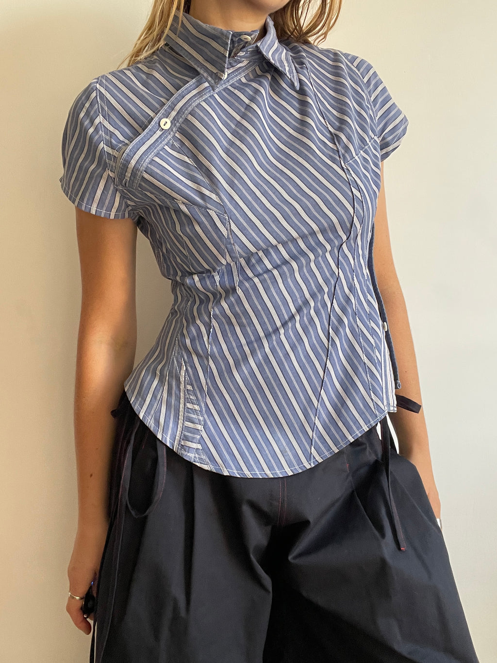 reworked striped double button up asymetrical fitted shirt
