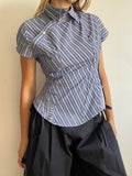 reworked striped double button up asymetrical fitted shirt
