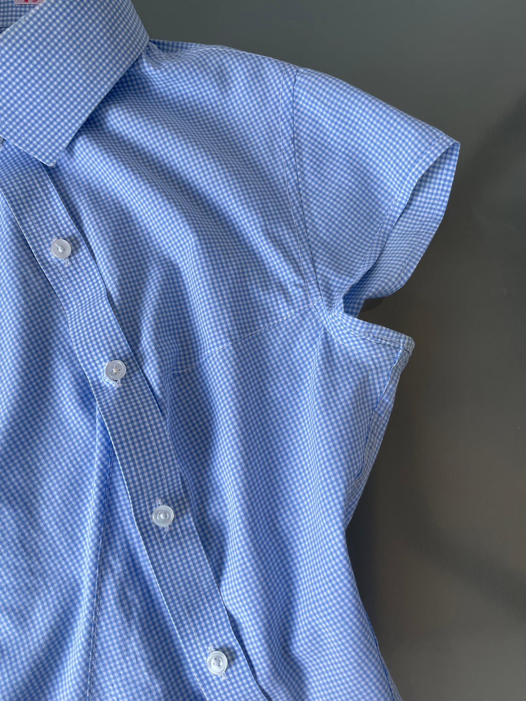 reworked asymetrical baby blue gingham pocket collar shirt