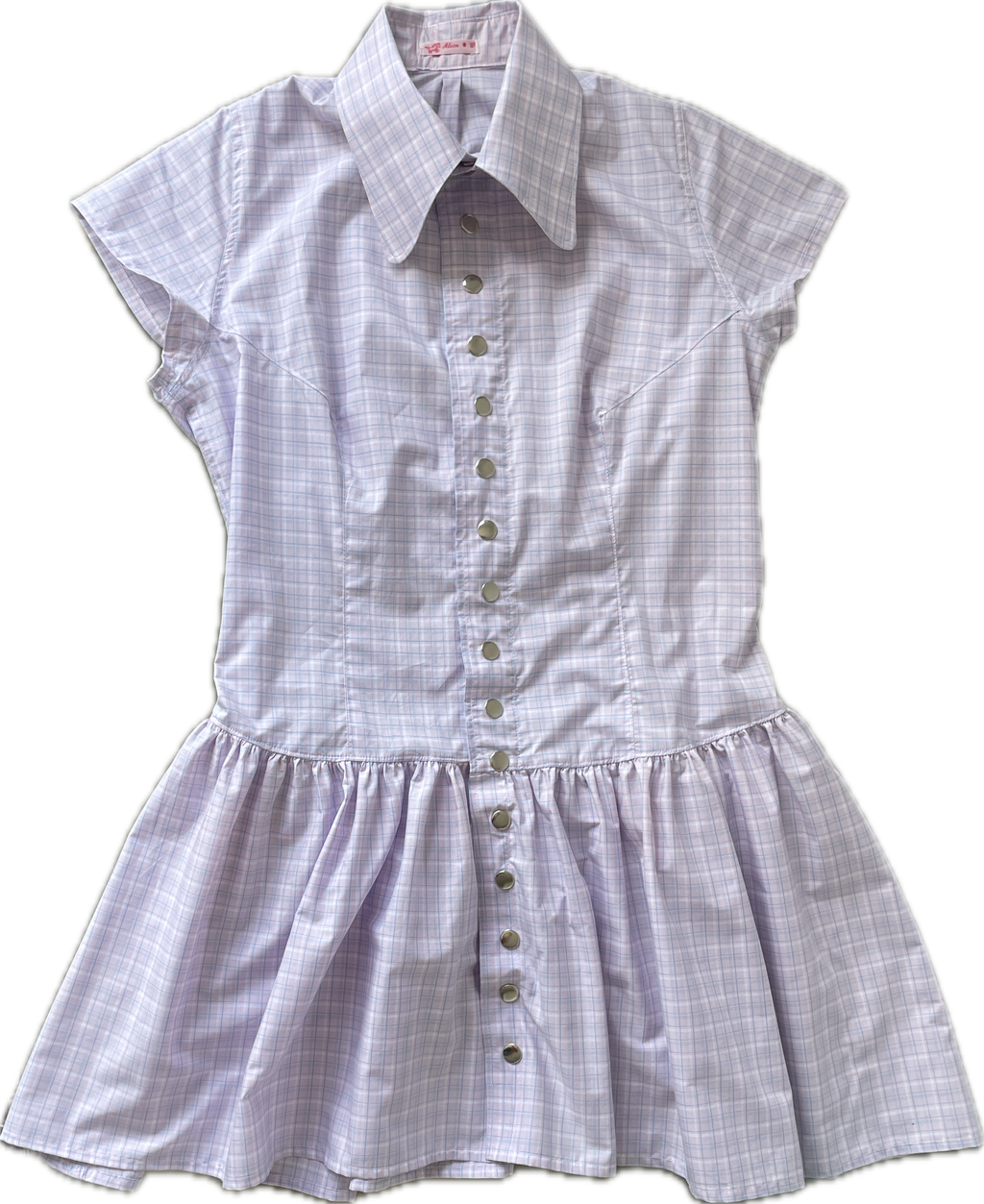 pink purple check snap button gathered drop waist dress with oversized collar