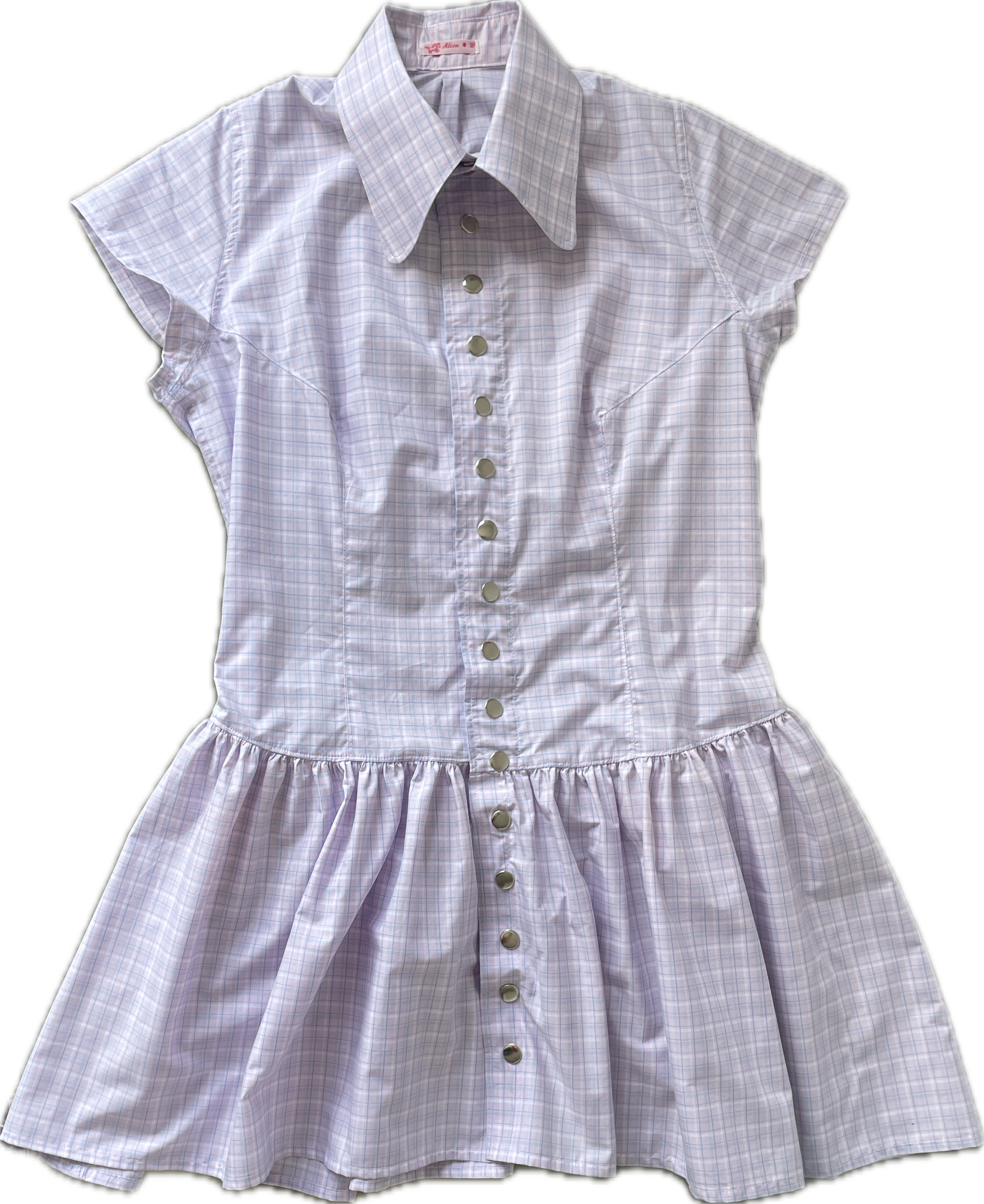 pink purple check snap button gathered drop waist dress with oversized collar