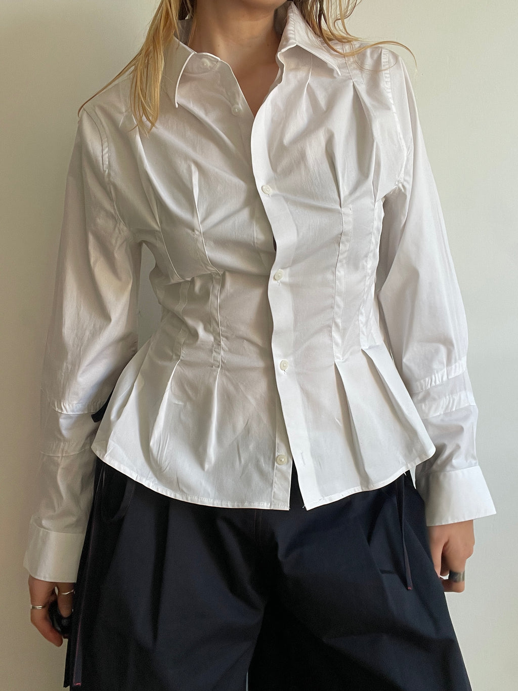 reworked white office pleated long sleeve shirt