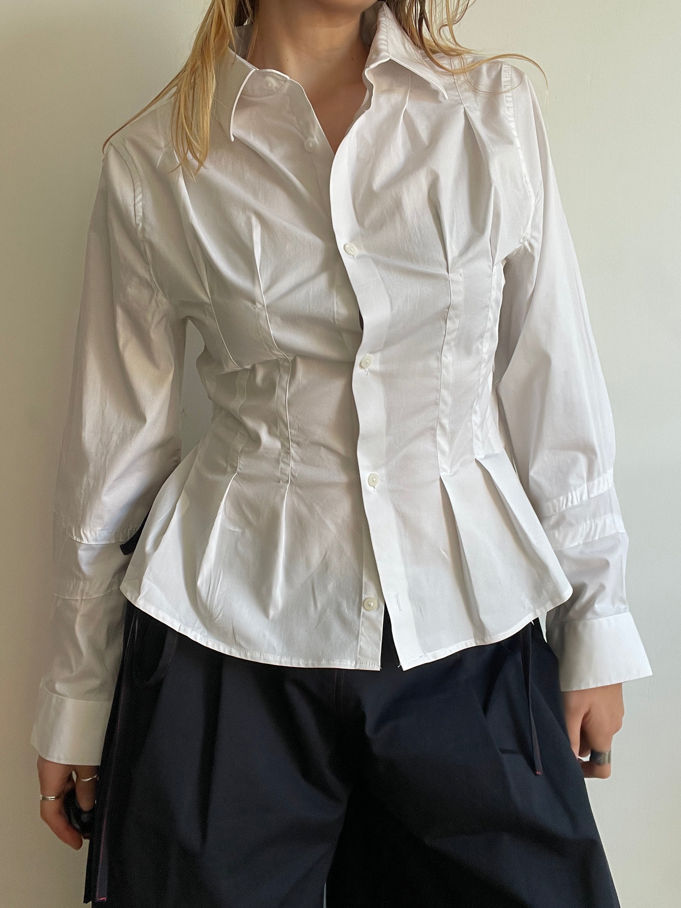 reworked white office pleated long sleeve shirt