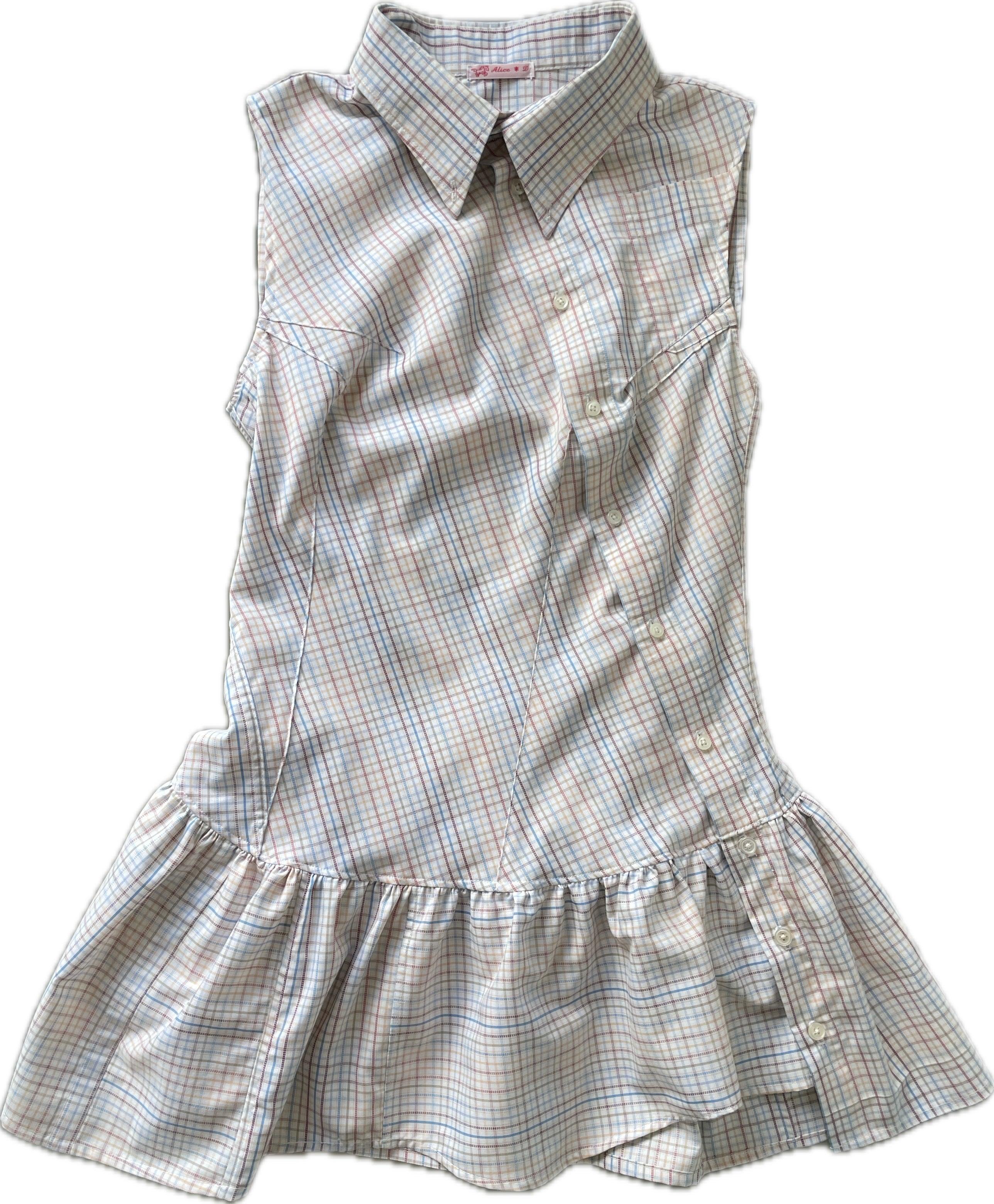 checkered asymmetrical drop waist gathered button up dress
