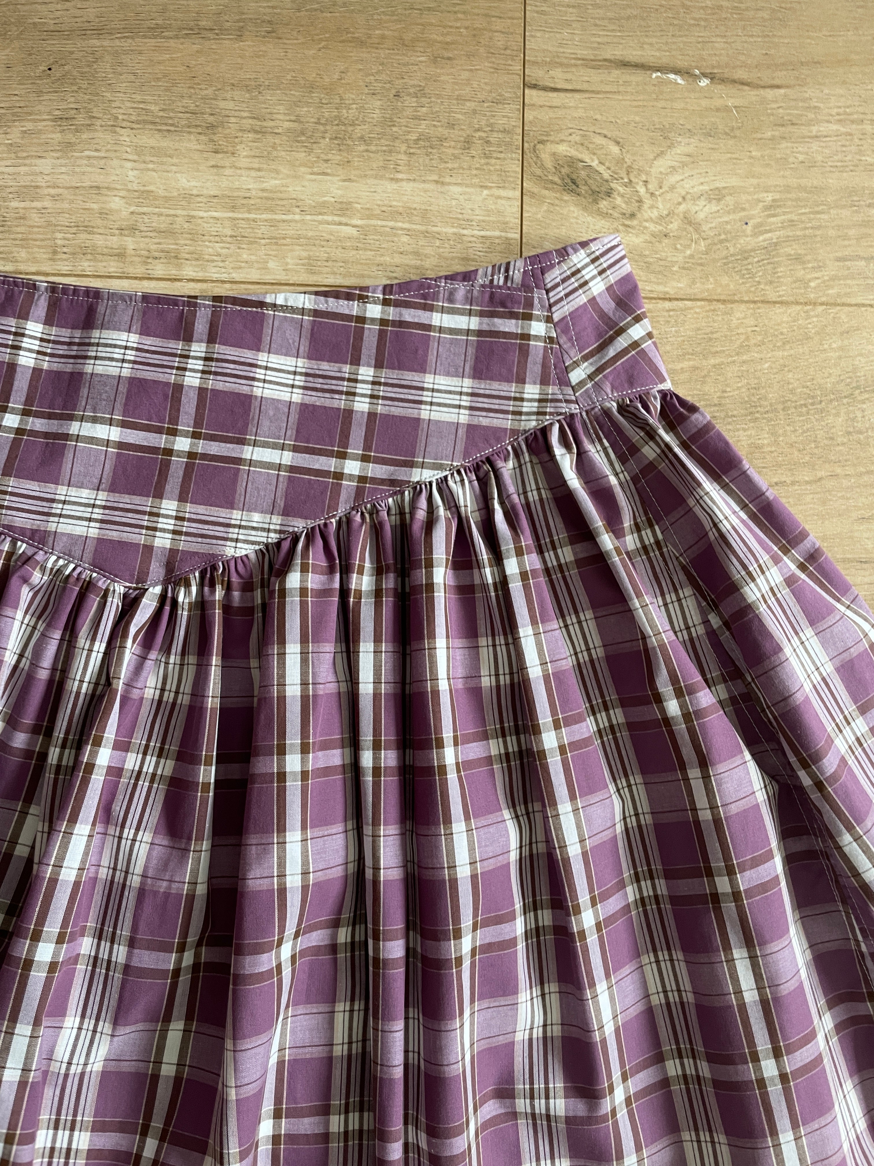 handmade metal popper button purple plaid gathered skirt