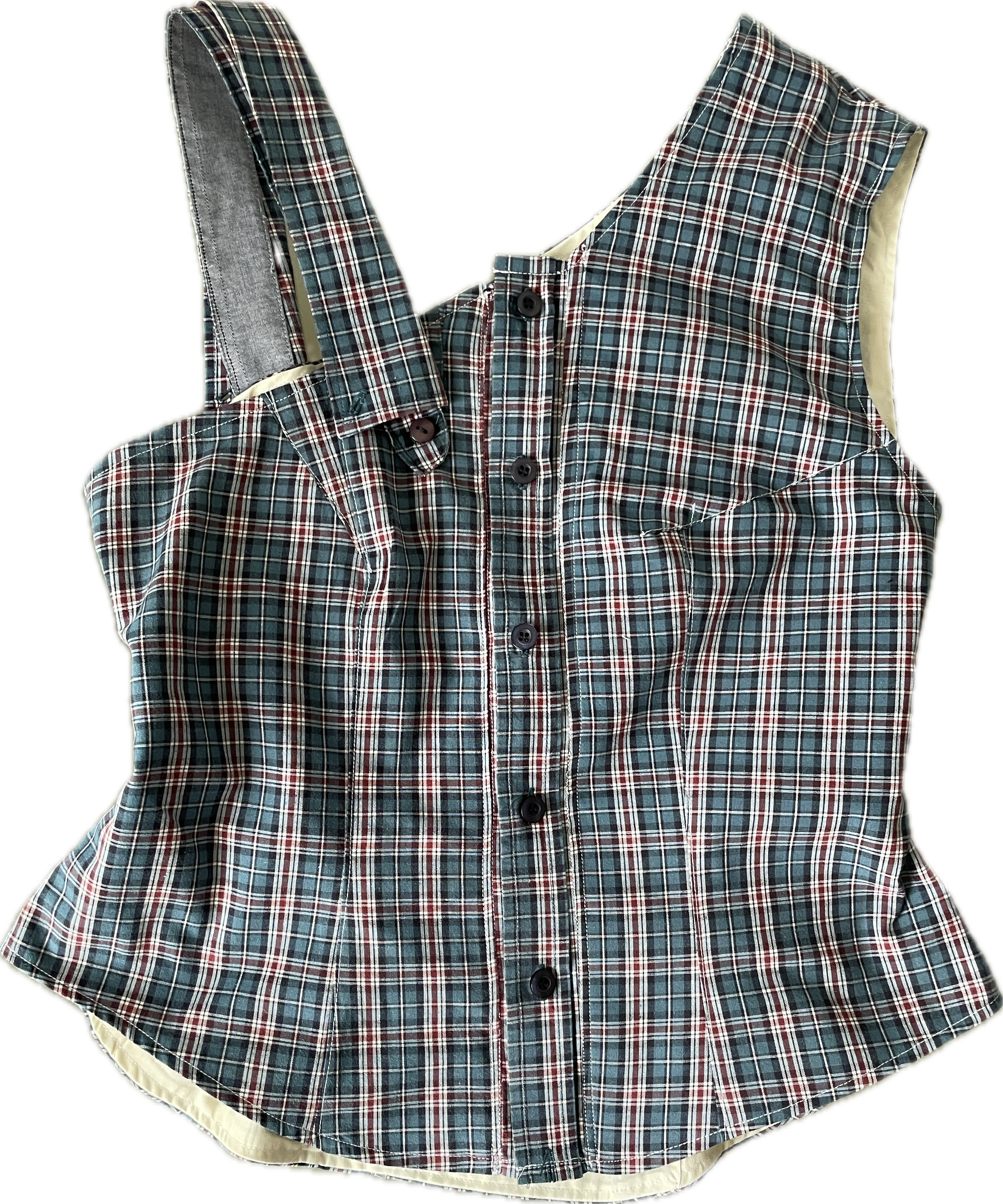 reworked one shoulder check button up tank with removable collar strap
