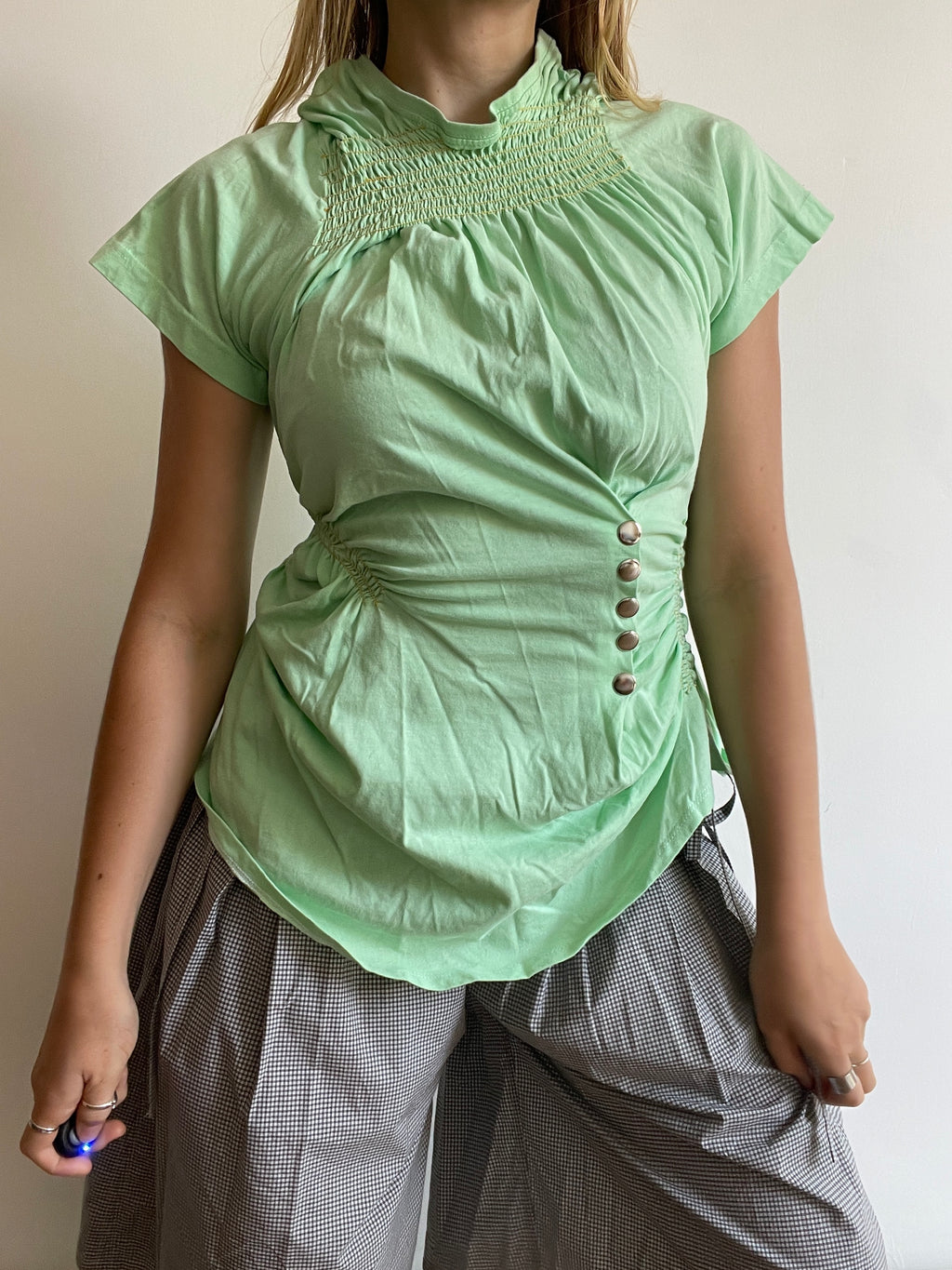 reworked mint green ruched snapper button slinky tee