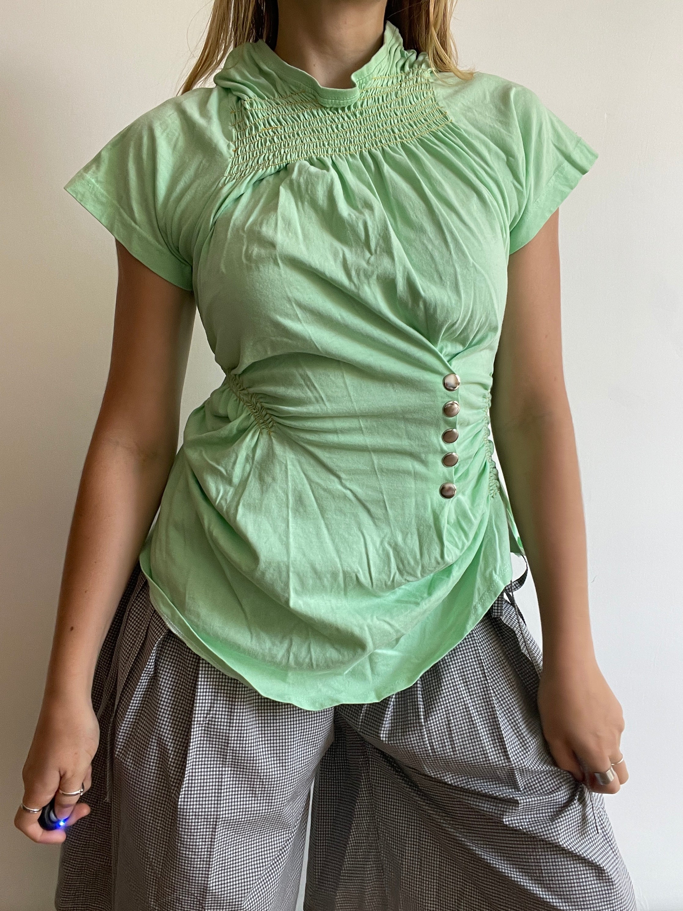 reworked mint green ruched snapper button slinky tee