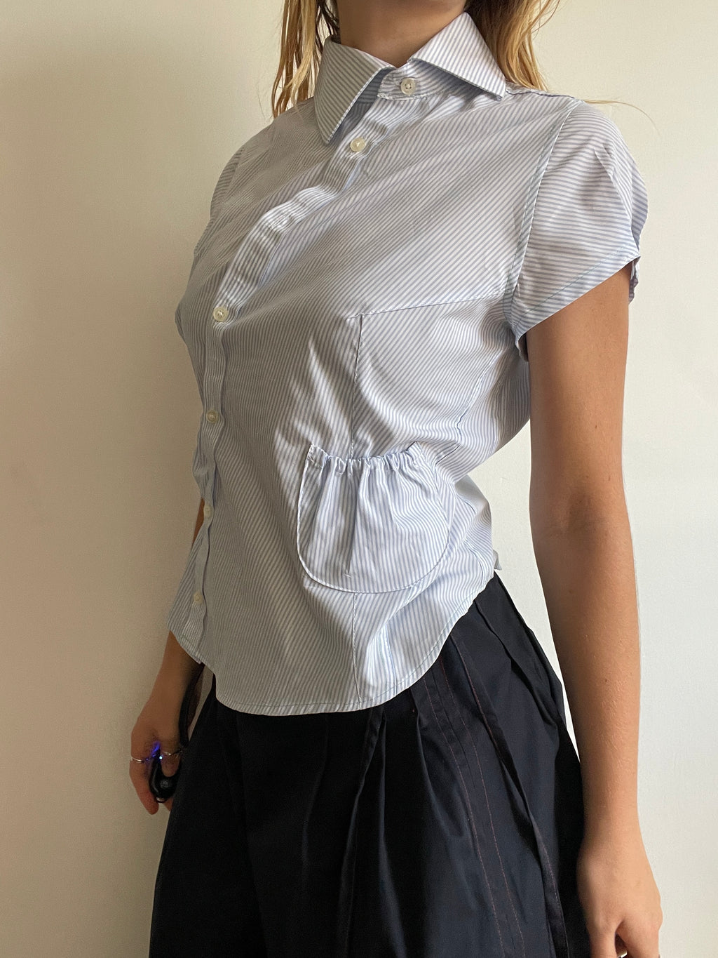 reworked asymetrical baby blue pinstripe pocket collar shirt