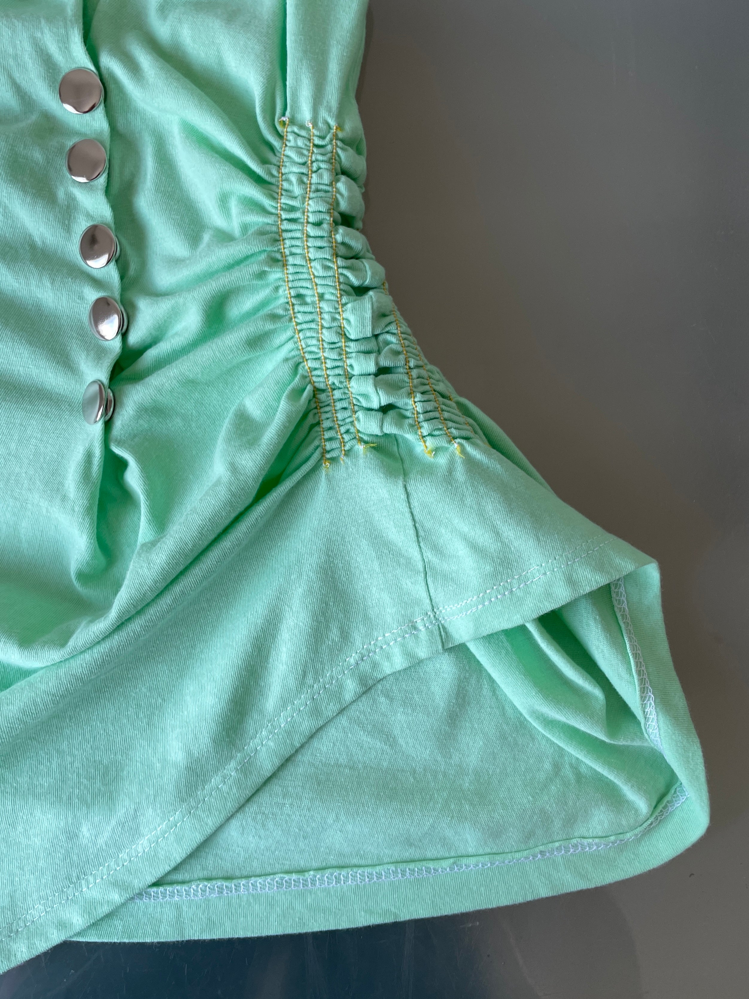 reworked mint green ruched snapper button slinky tee