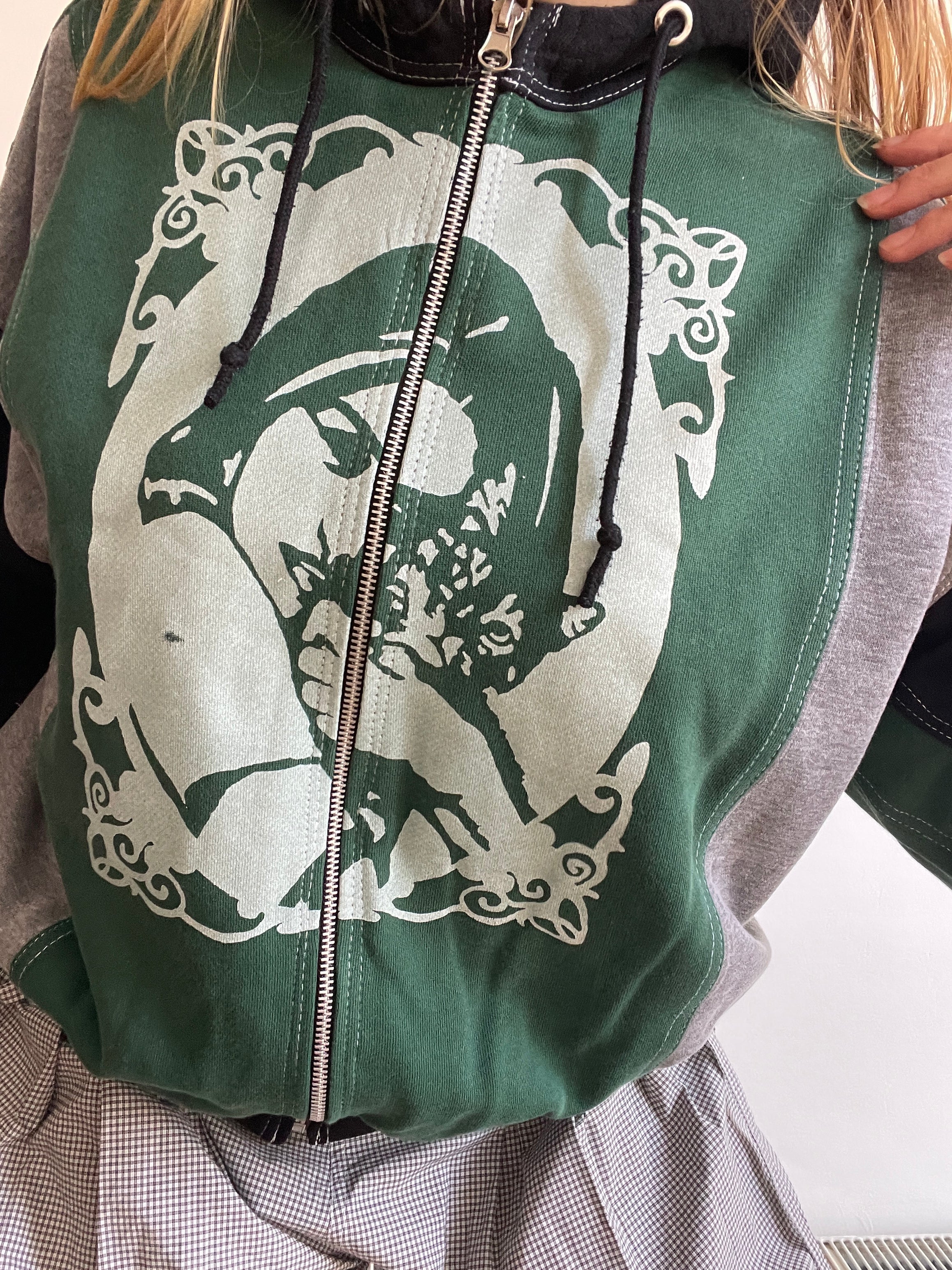 screen printed panelled cat girl zip up hoodie