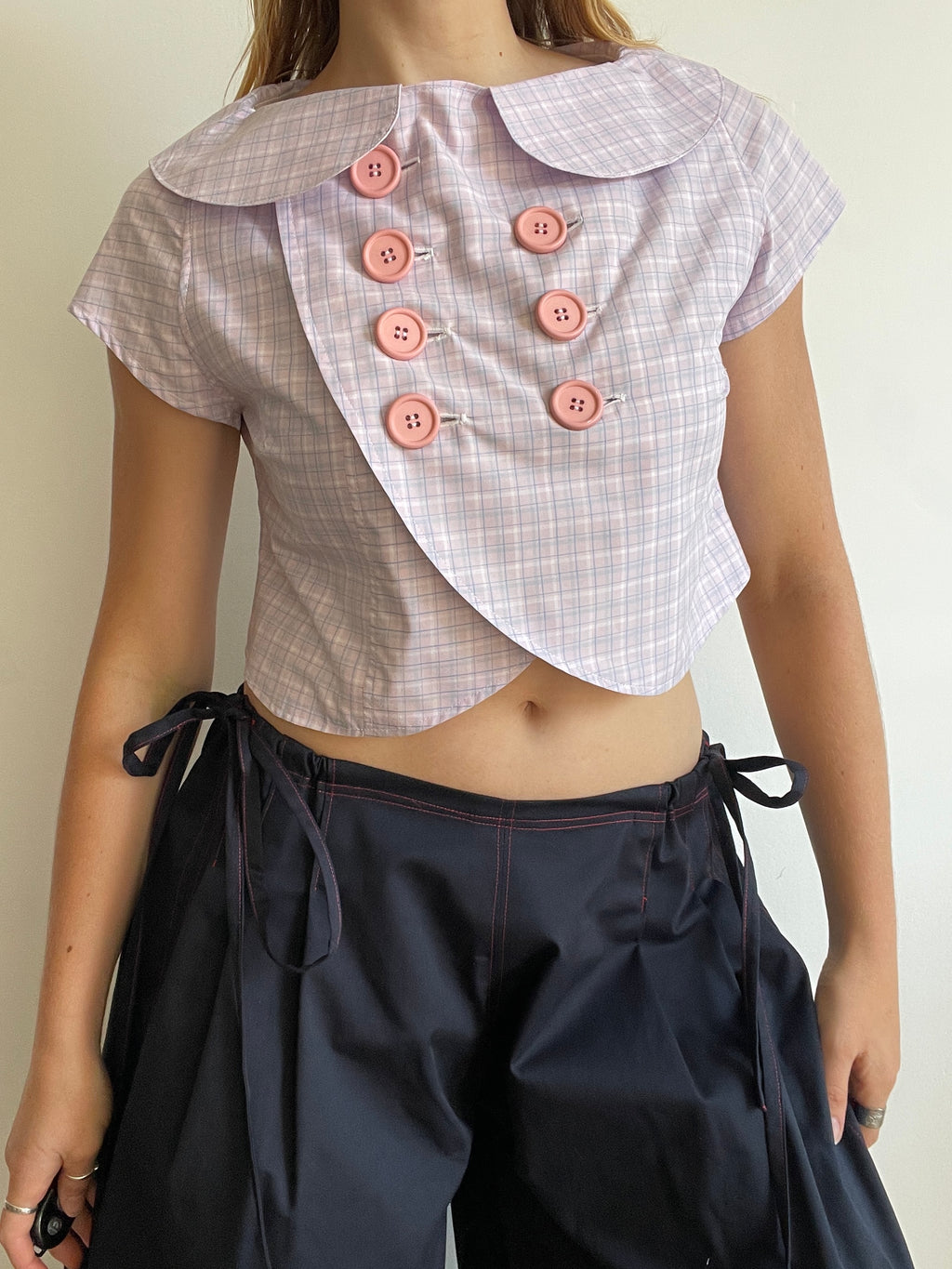 cute purple tartan double breast crop petit coat