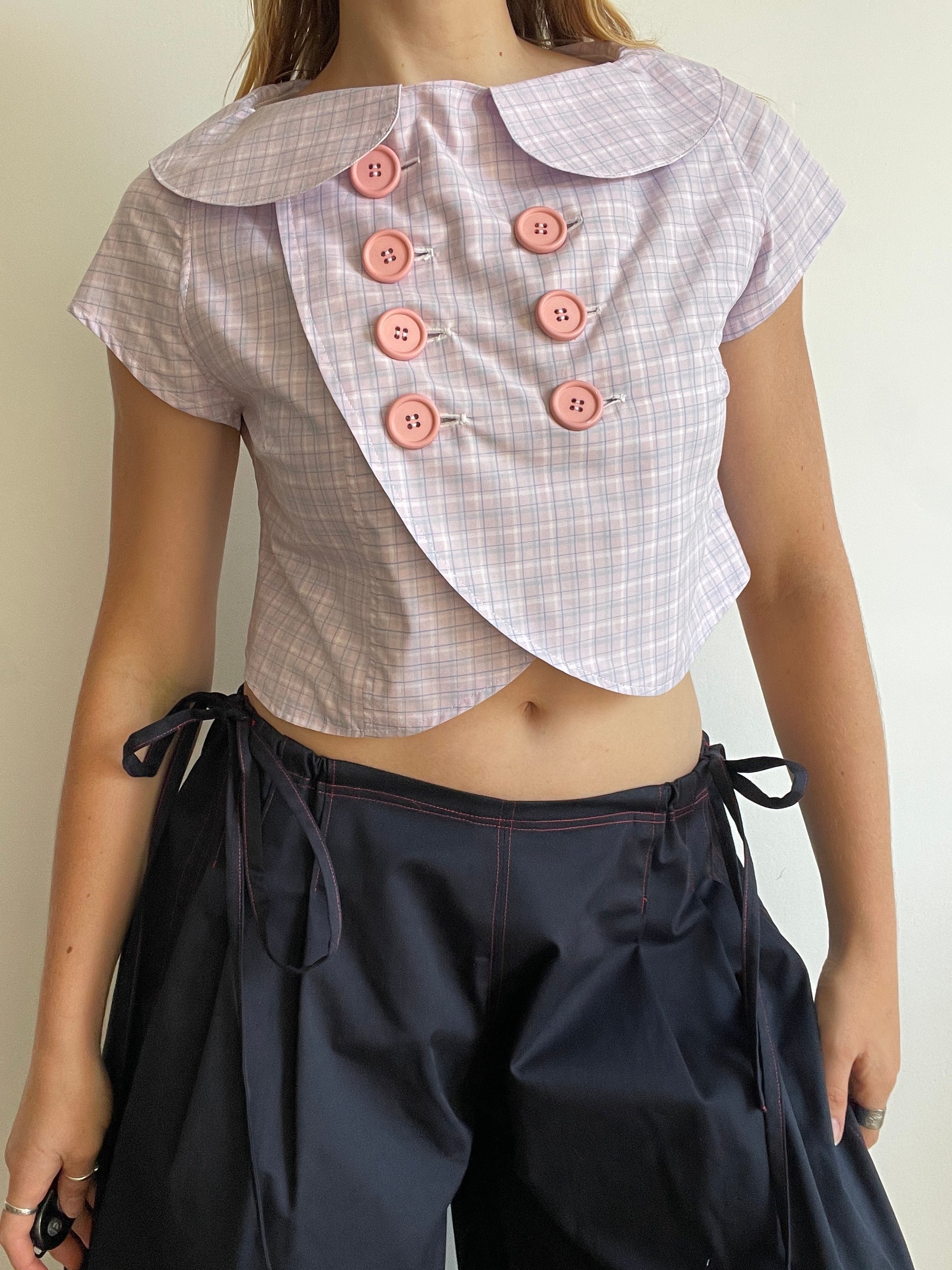 cute purple tartan double breast crop petit coat