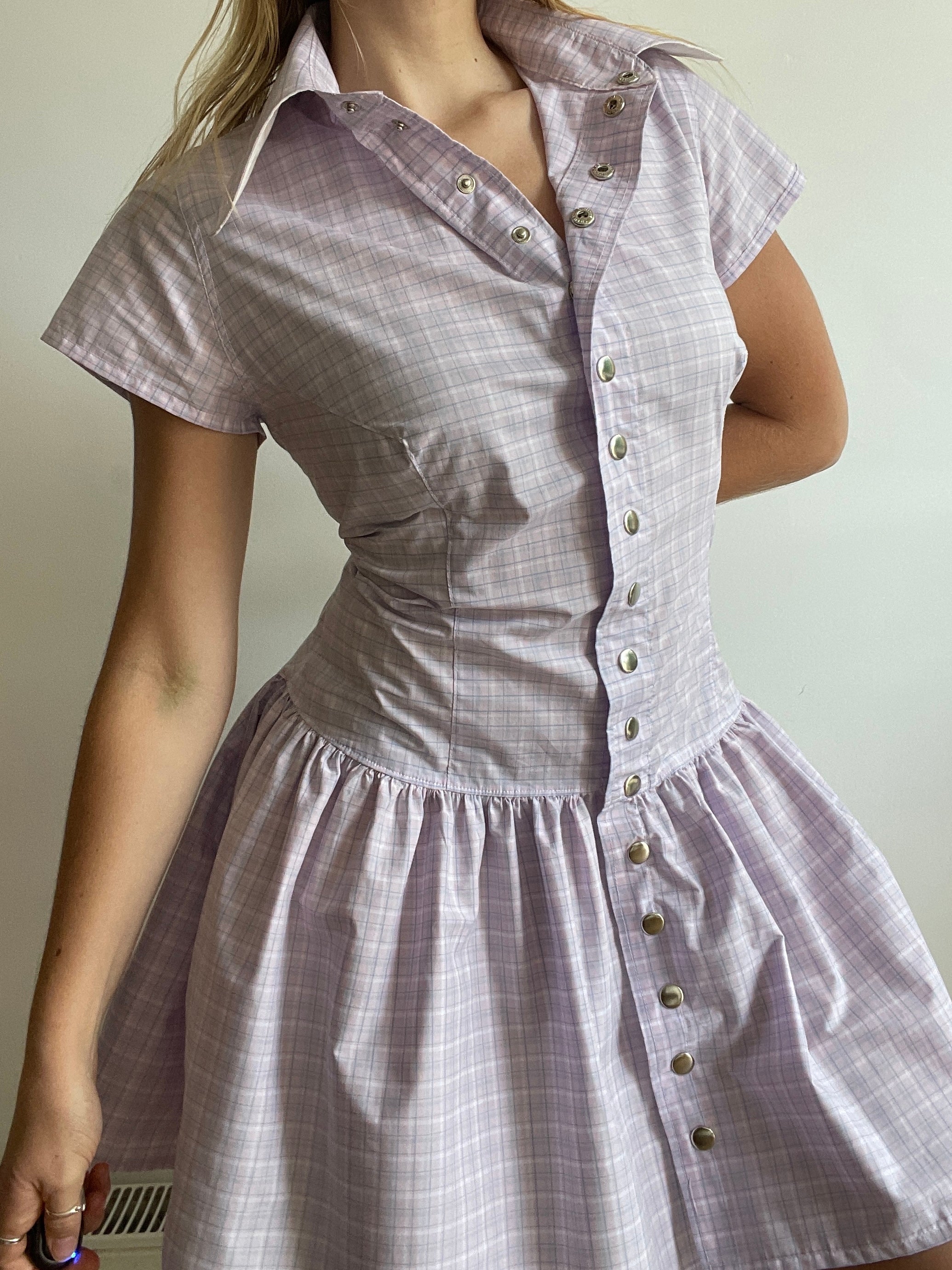 pink purple check snap button gathered drop waist dress with oversized collar