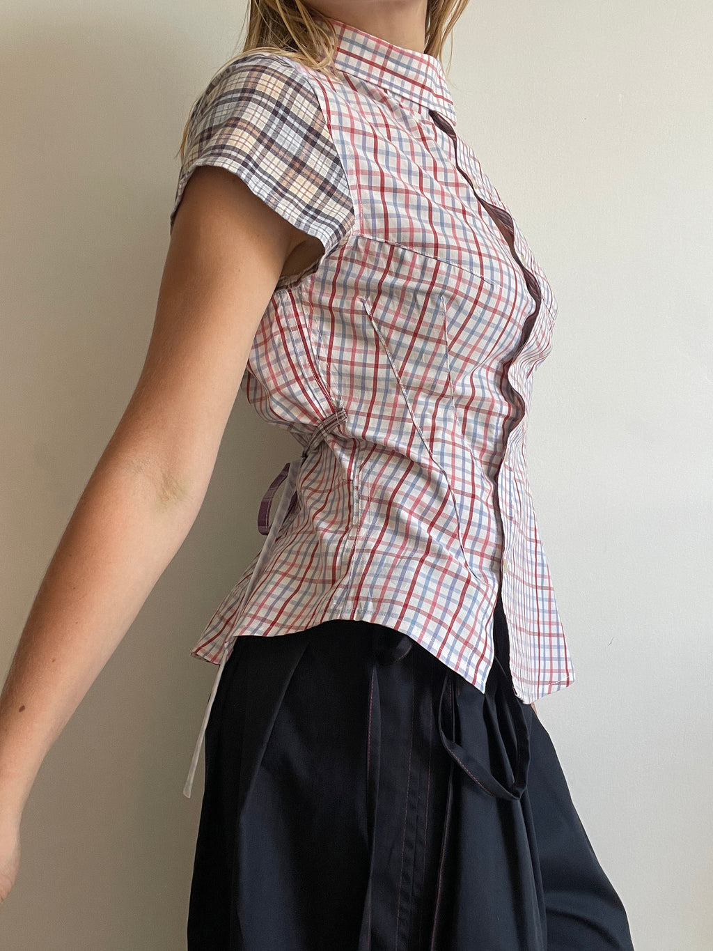 reworked patchwork check print fitted asymmetrical blouse