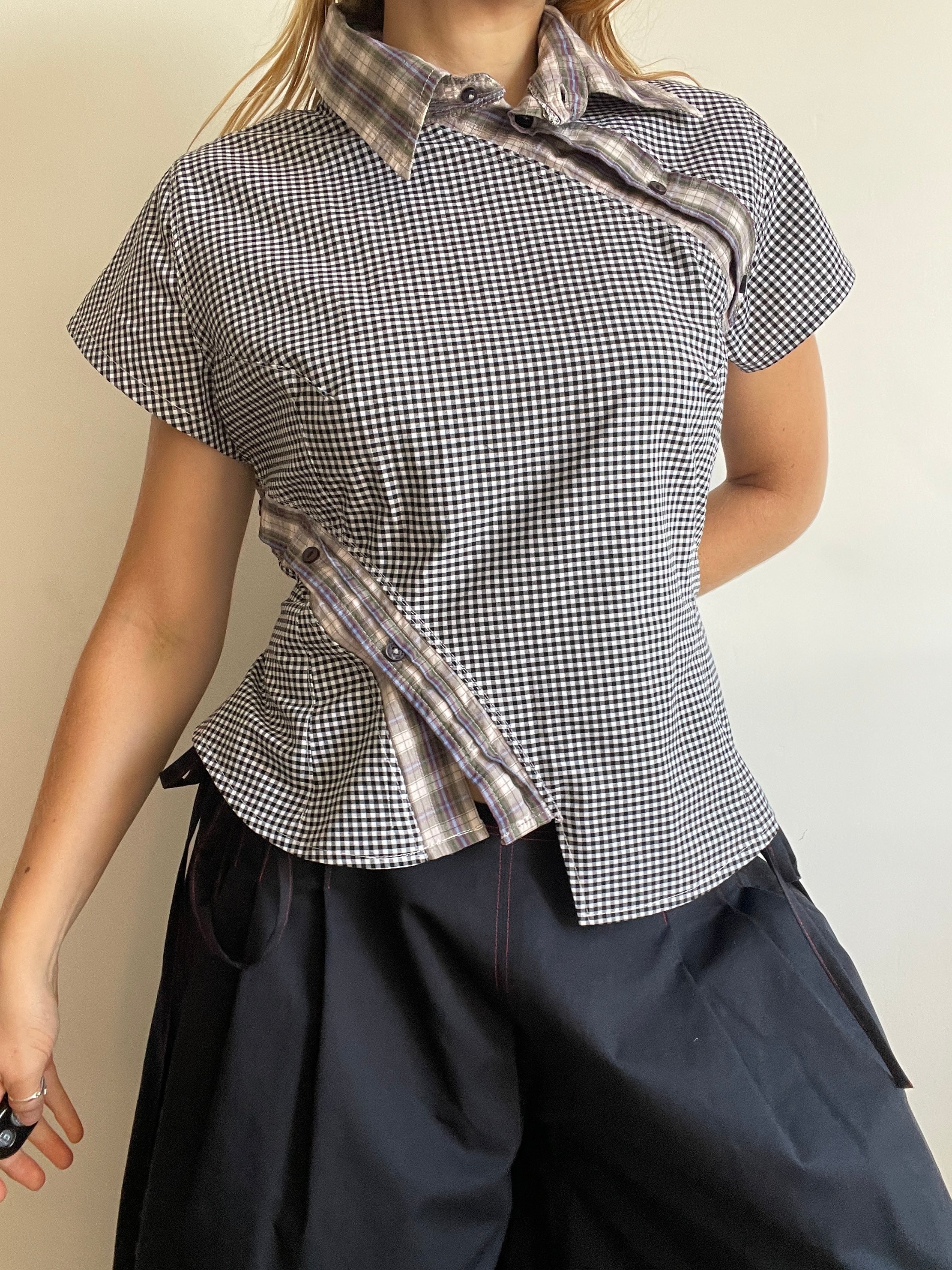 reworked double button up asymetrical fitted shirt