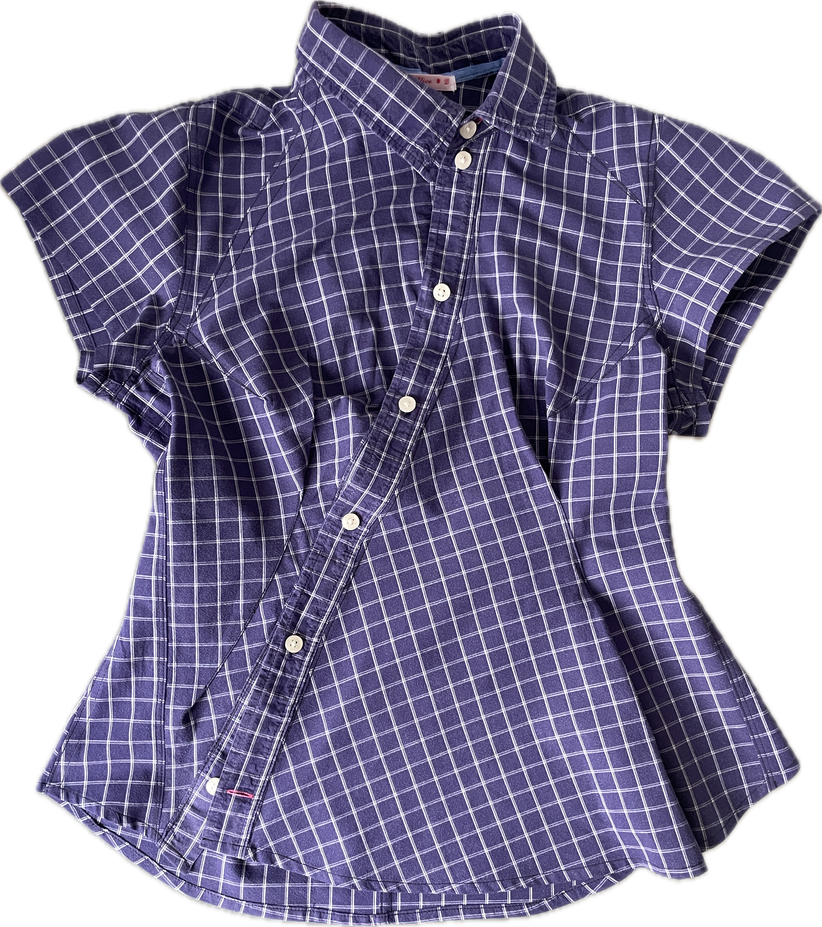 reworked blue grid check fitted blouse