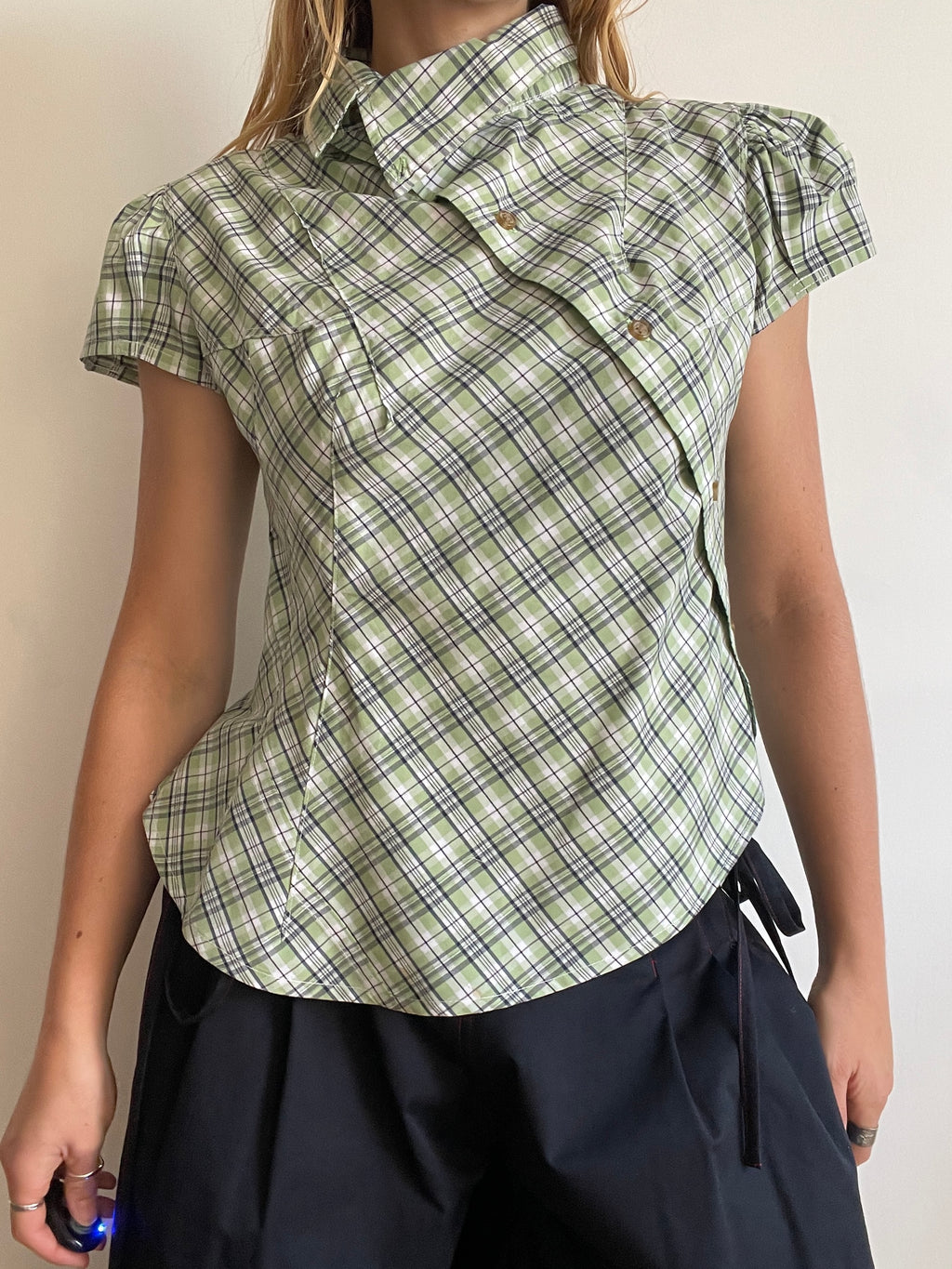 reworked green beige check puffed sleeve fitted blouse