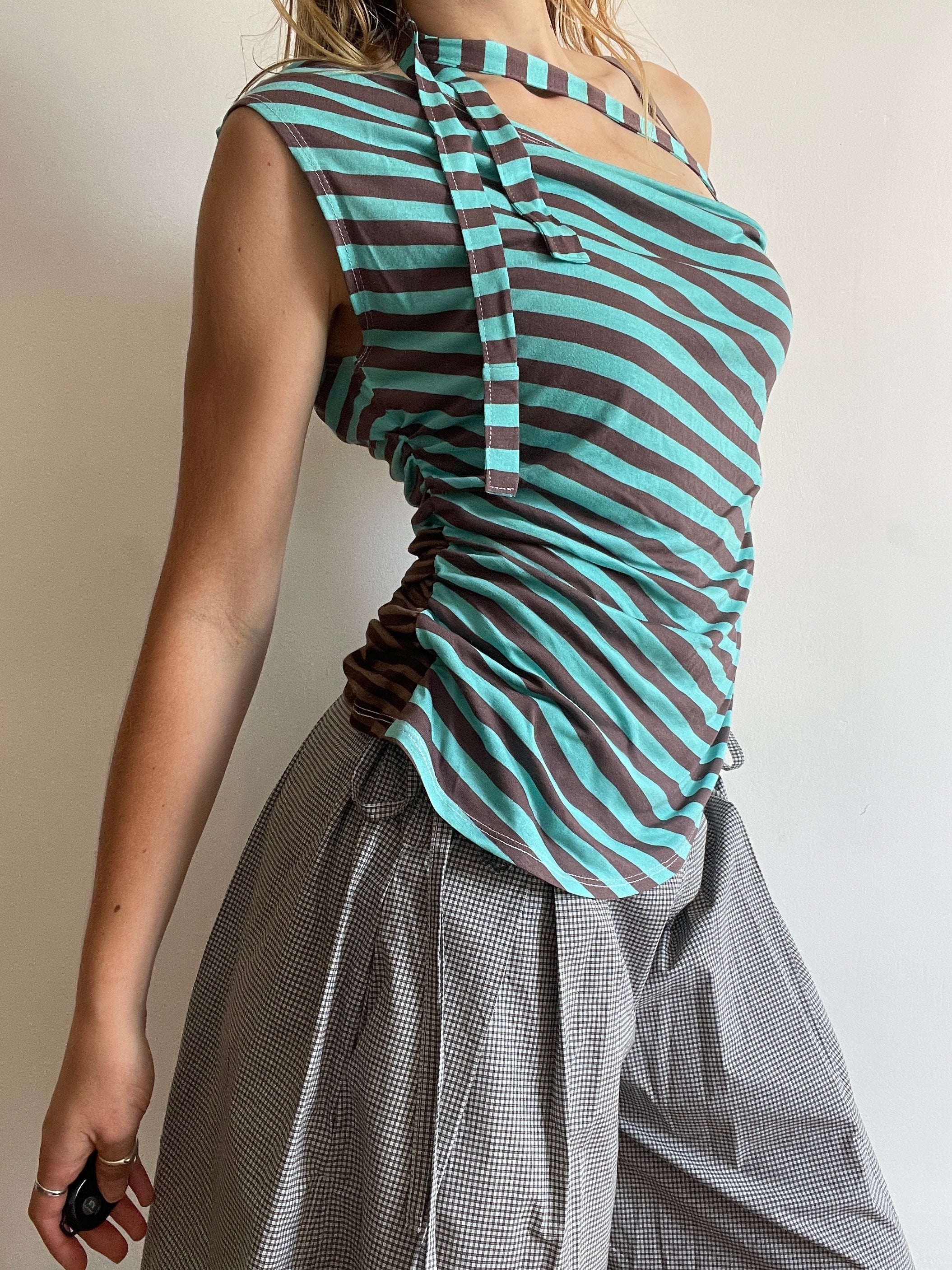handmade mint brown stripe one shoulder tie top