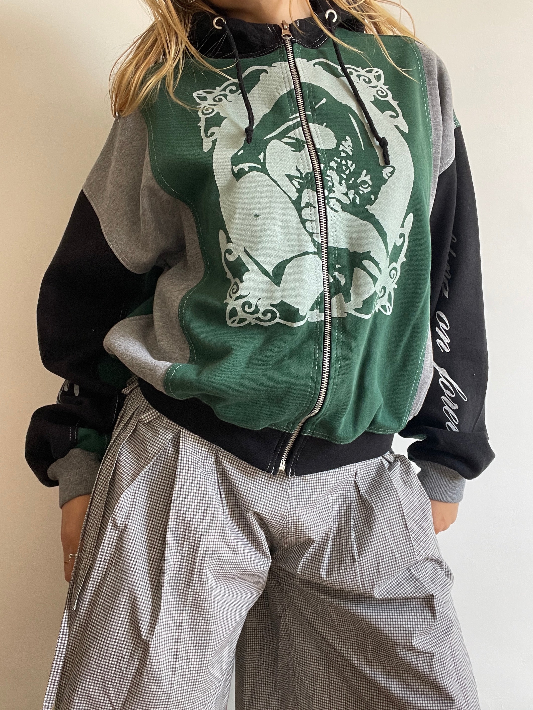 screen printed panelled cat girl zip up hoodie