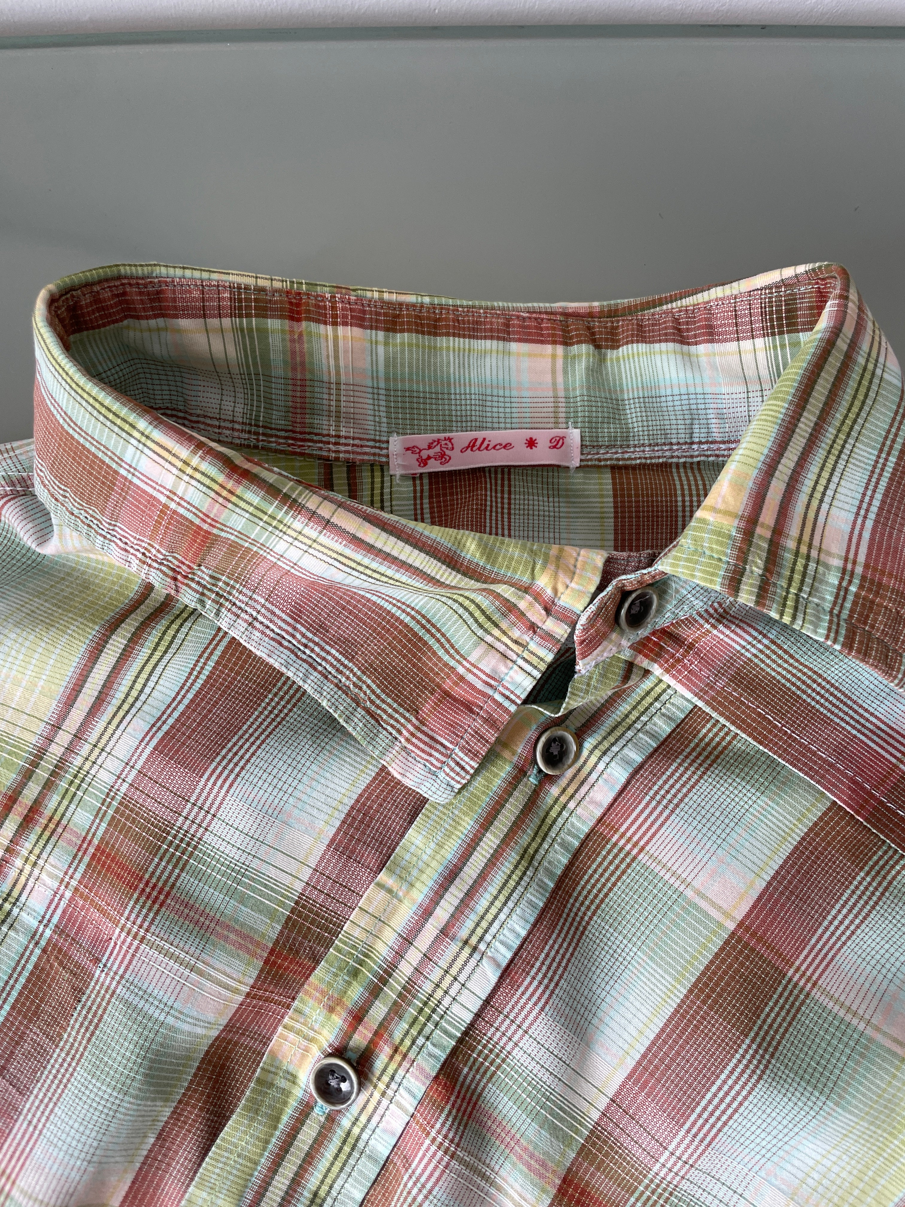 reworked pastel button up asymetrical shirt