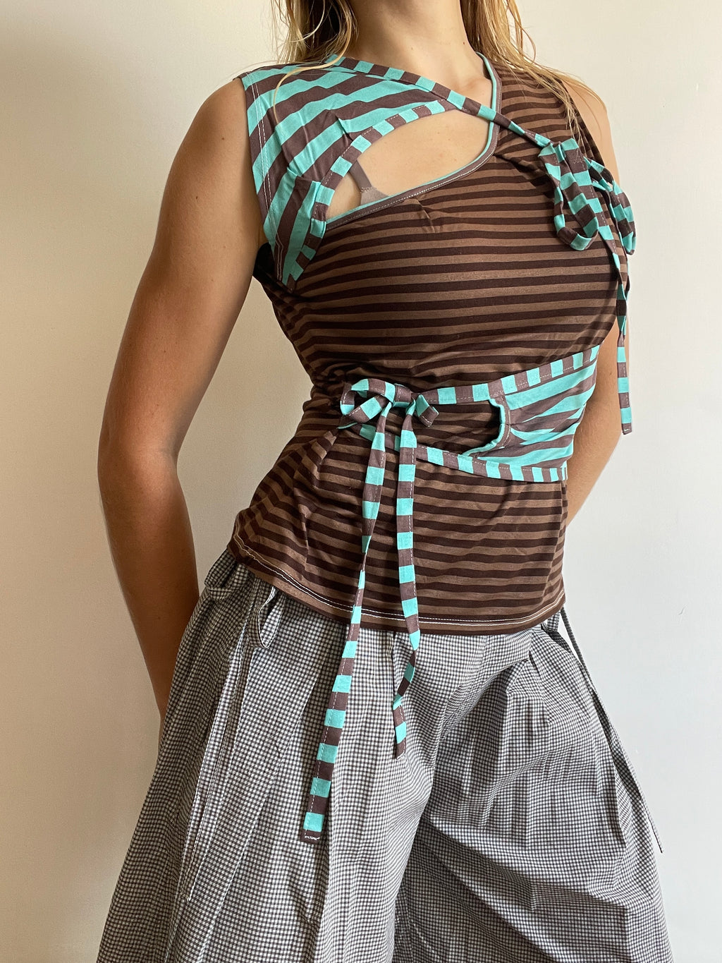 handmade ballet style tie up contrast striped tank