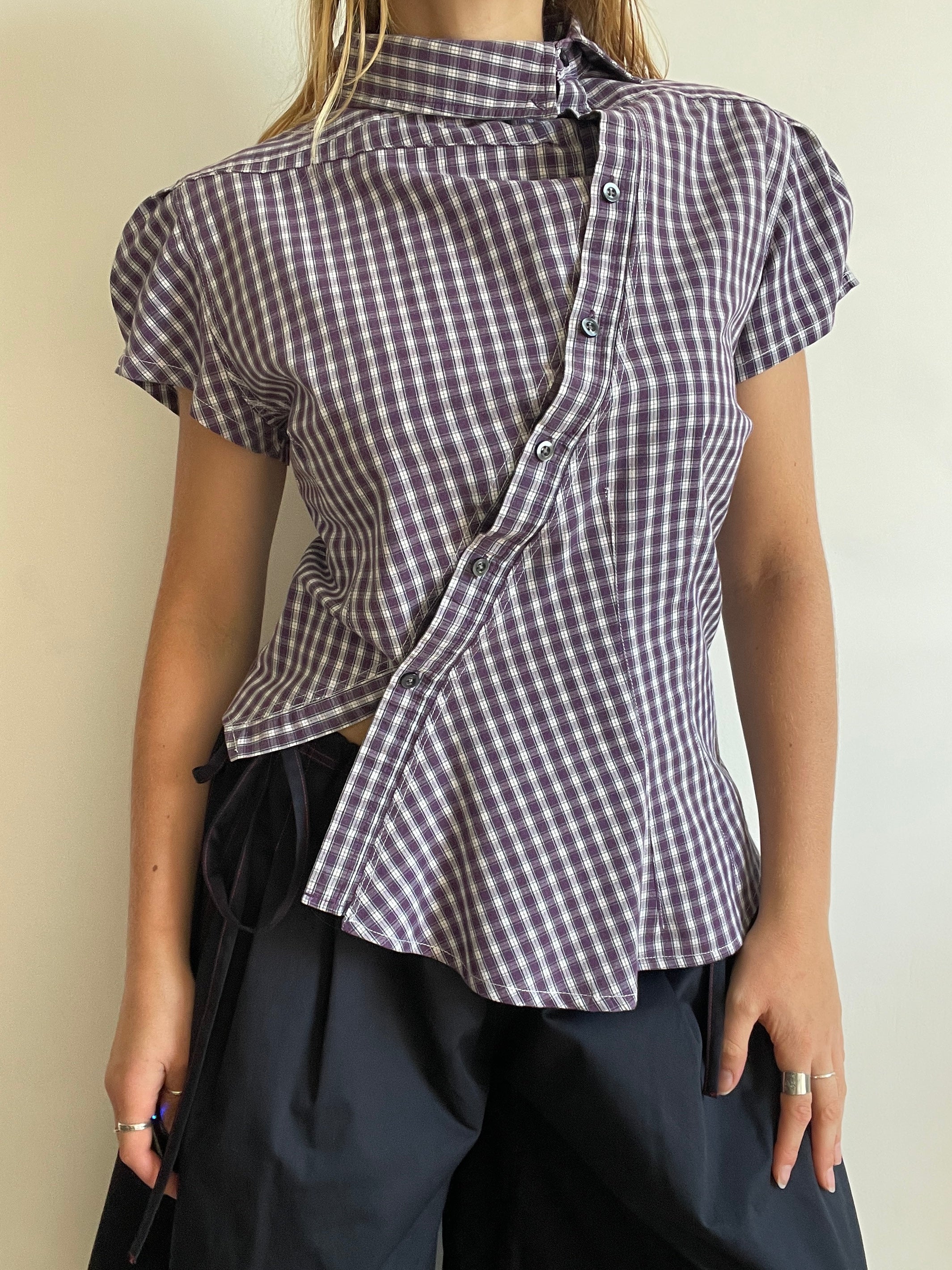 reworked asymetrical purple check shirt