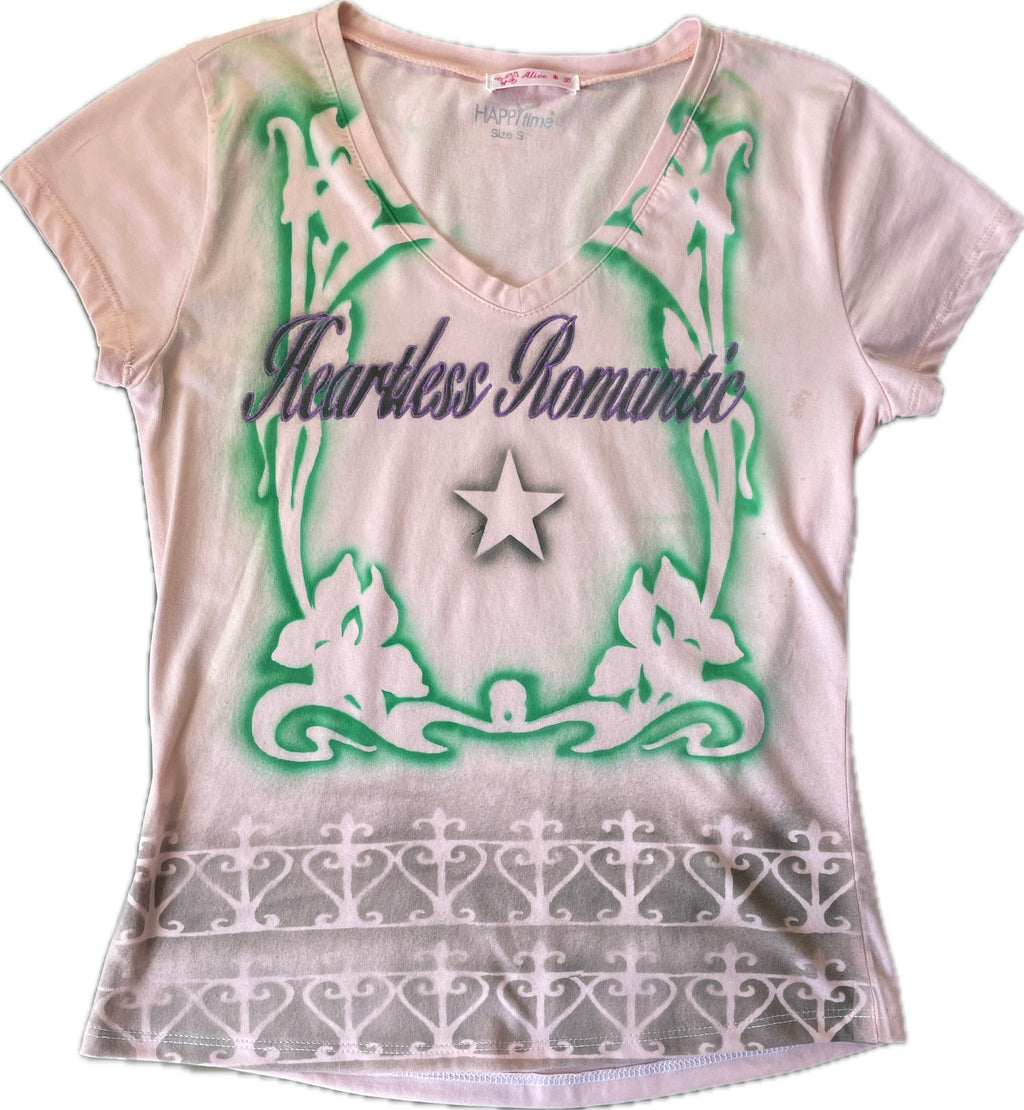 handmade airbrushed stencil print heartless romantic baby tee