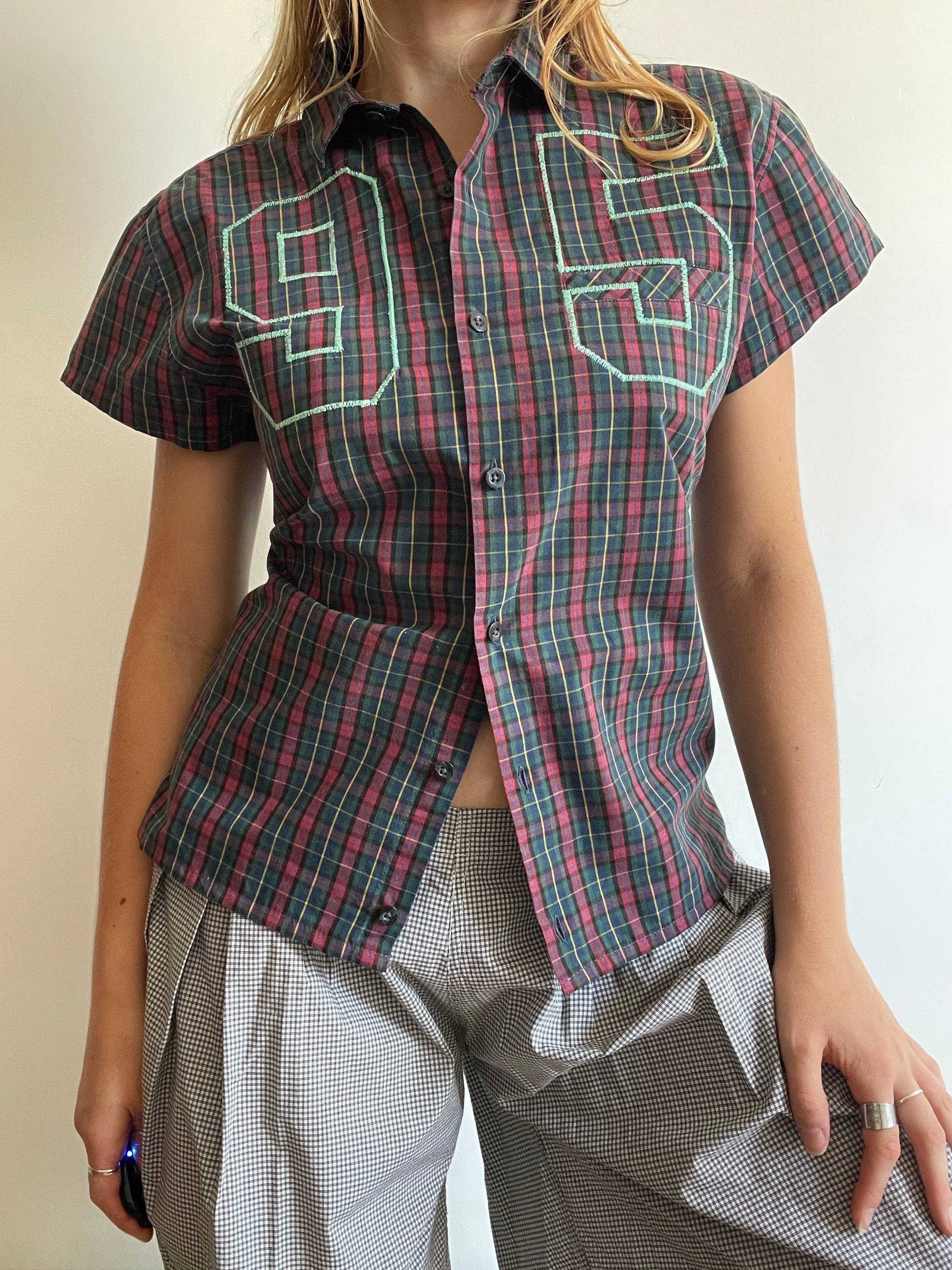 reworked sports number embroidered tartan shirt