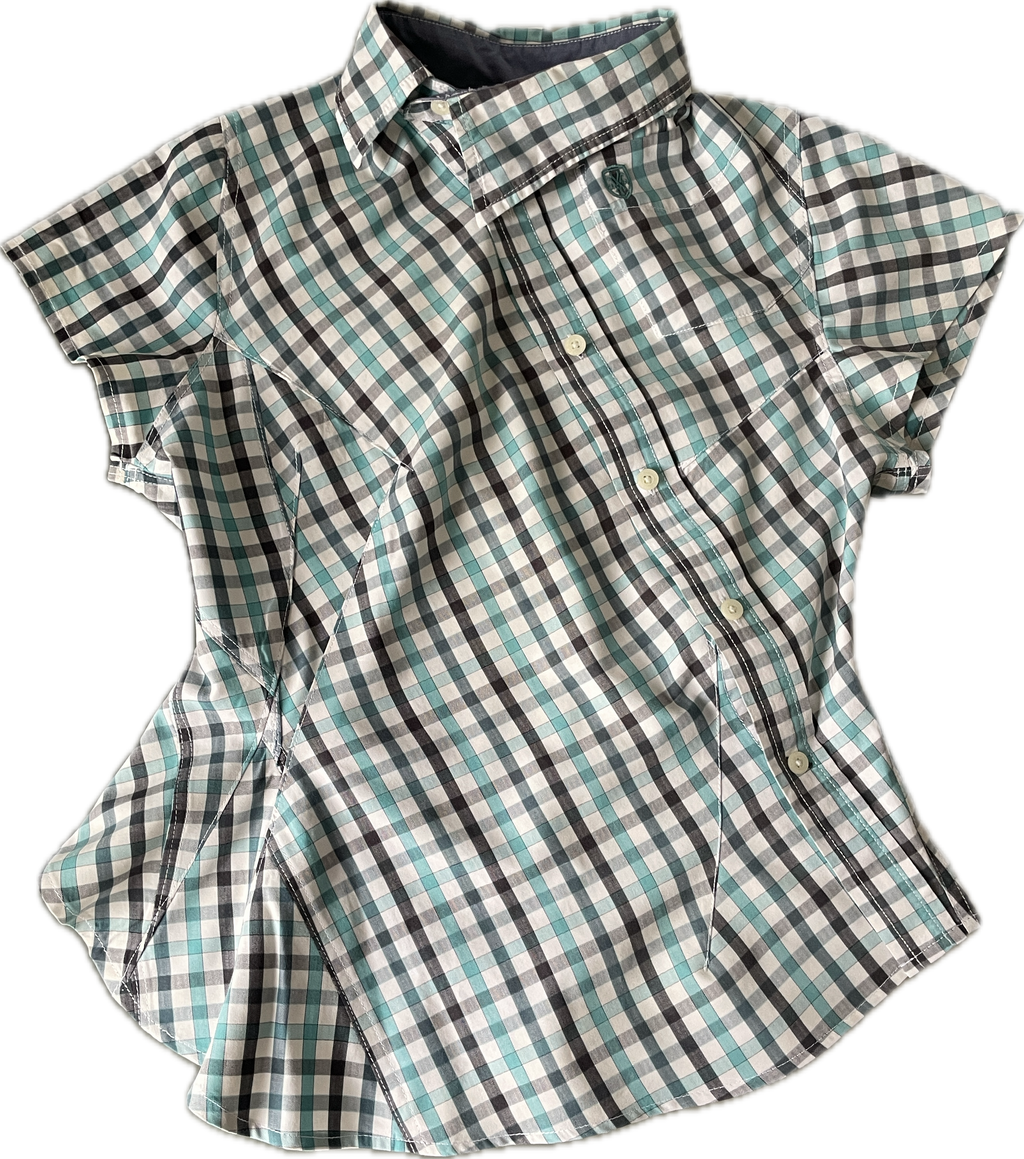 reworked blue black check fitted blouse