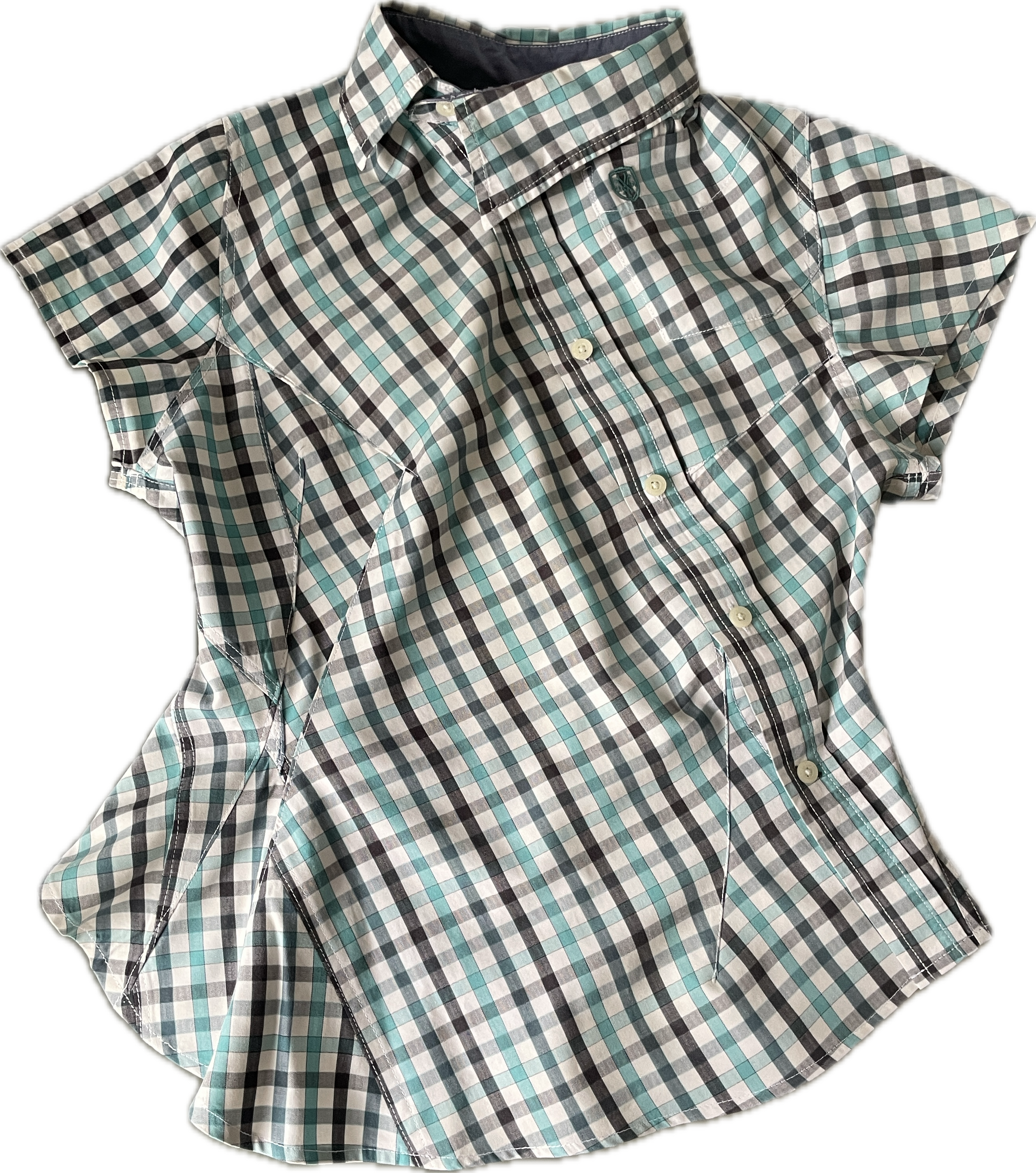 reworked blue black check fitted blouse