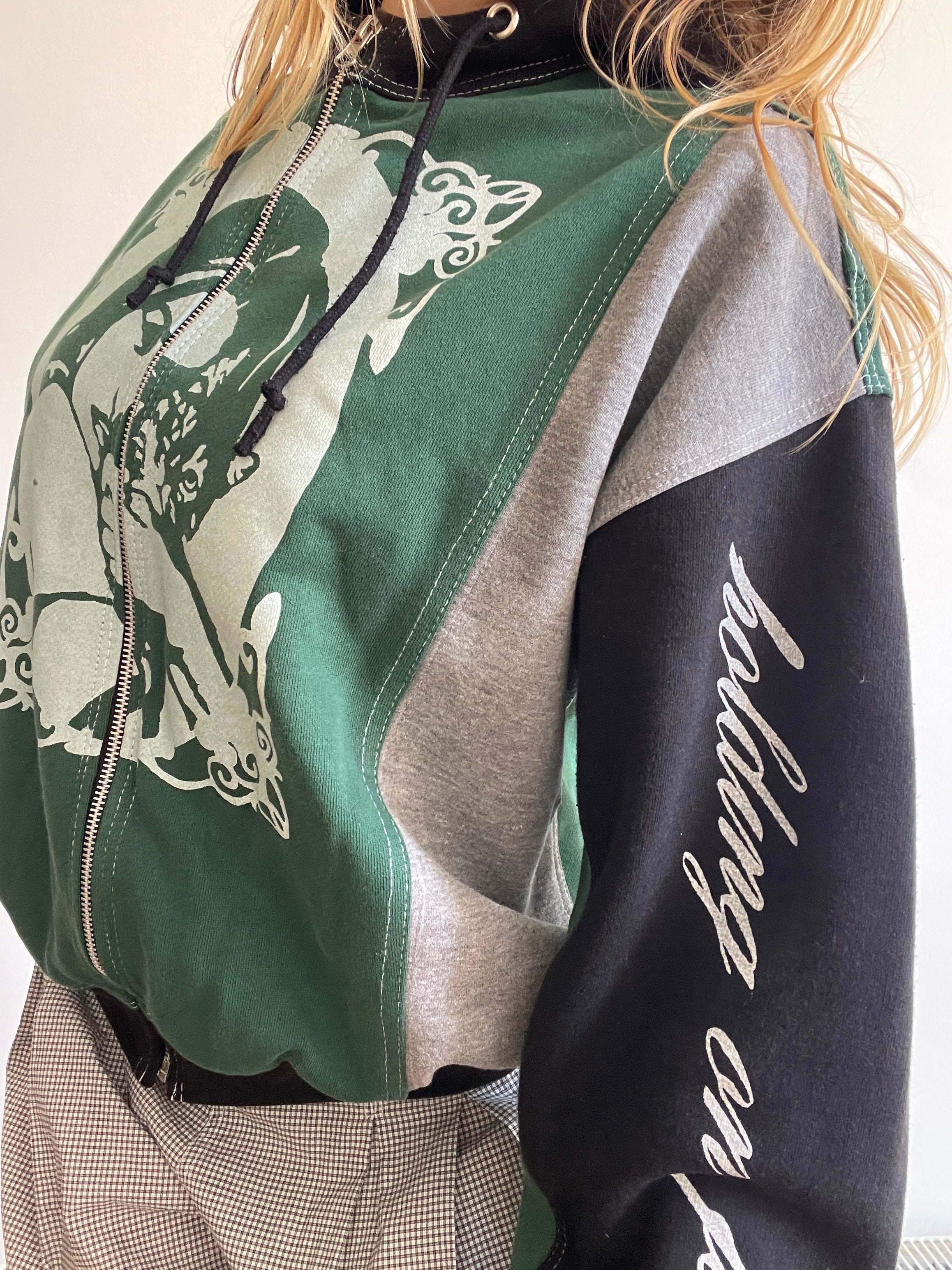 screen printed panelled cat girl zip up hoodie