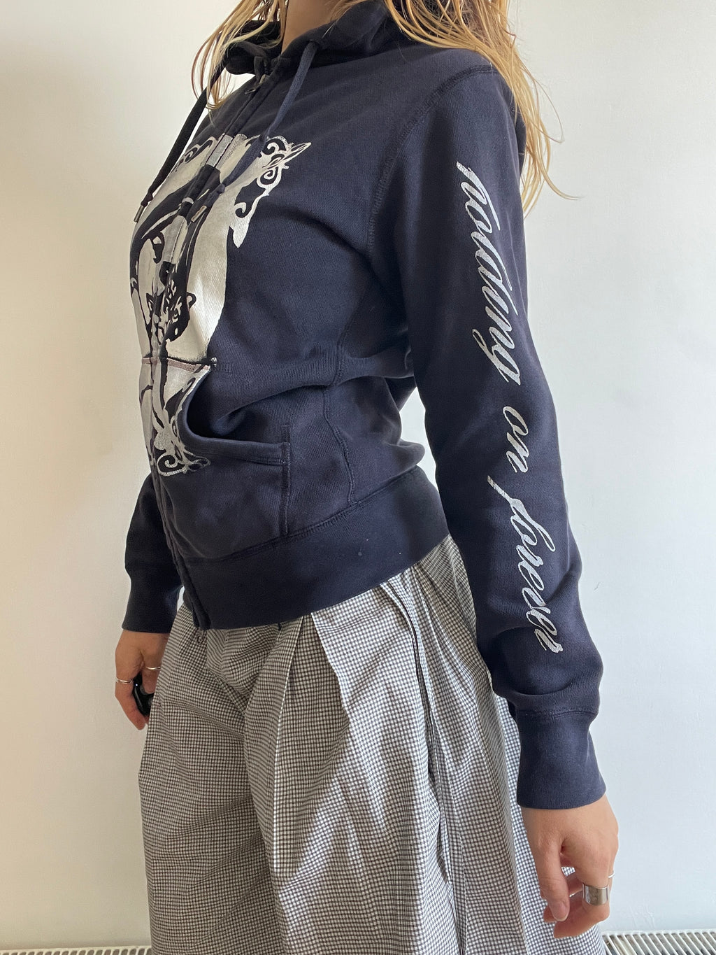 screen printed navy cat girl double zip slim fit hoodie