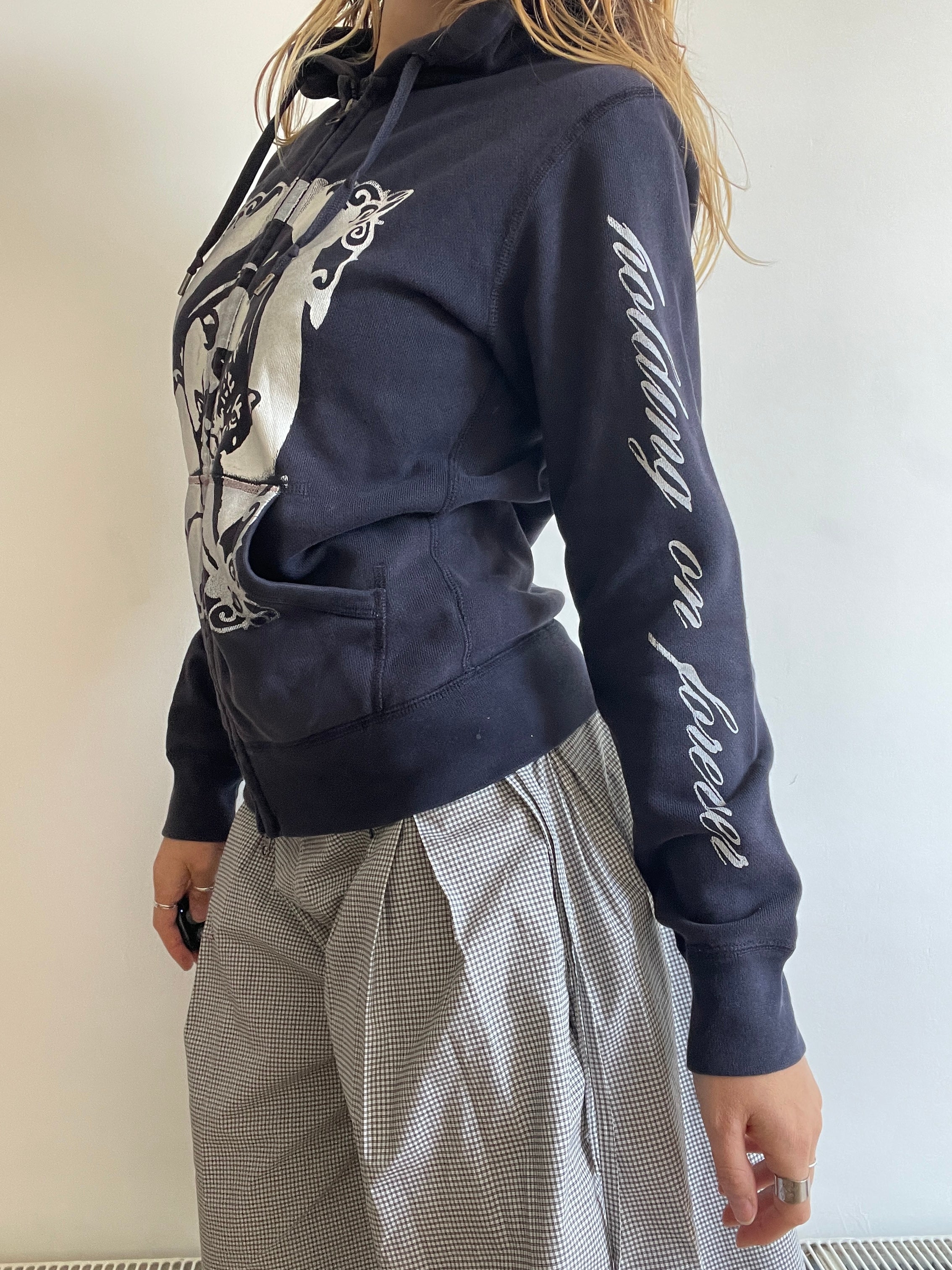 screen printed navy cat girl double zip slim fit hoodie