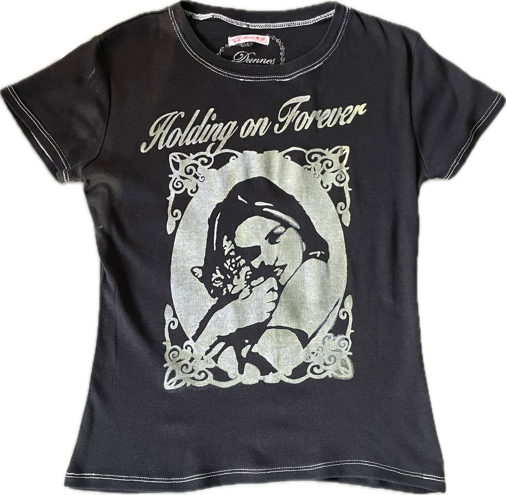 handmade holding on forever silver screenprint baby tee