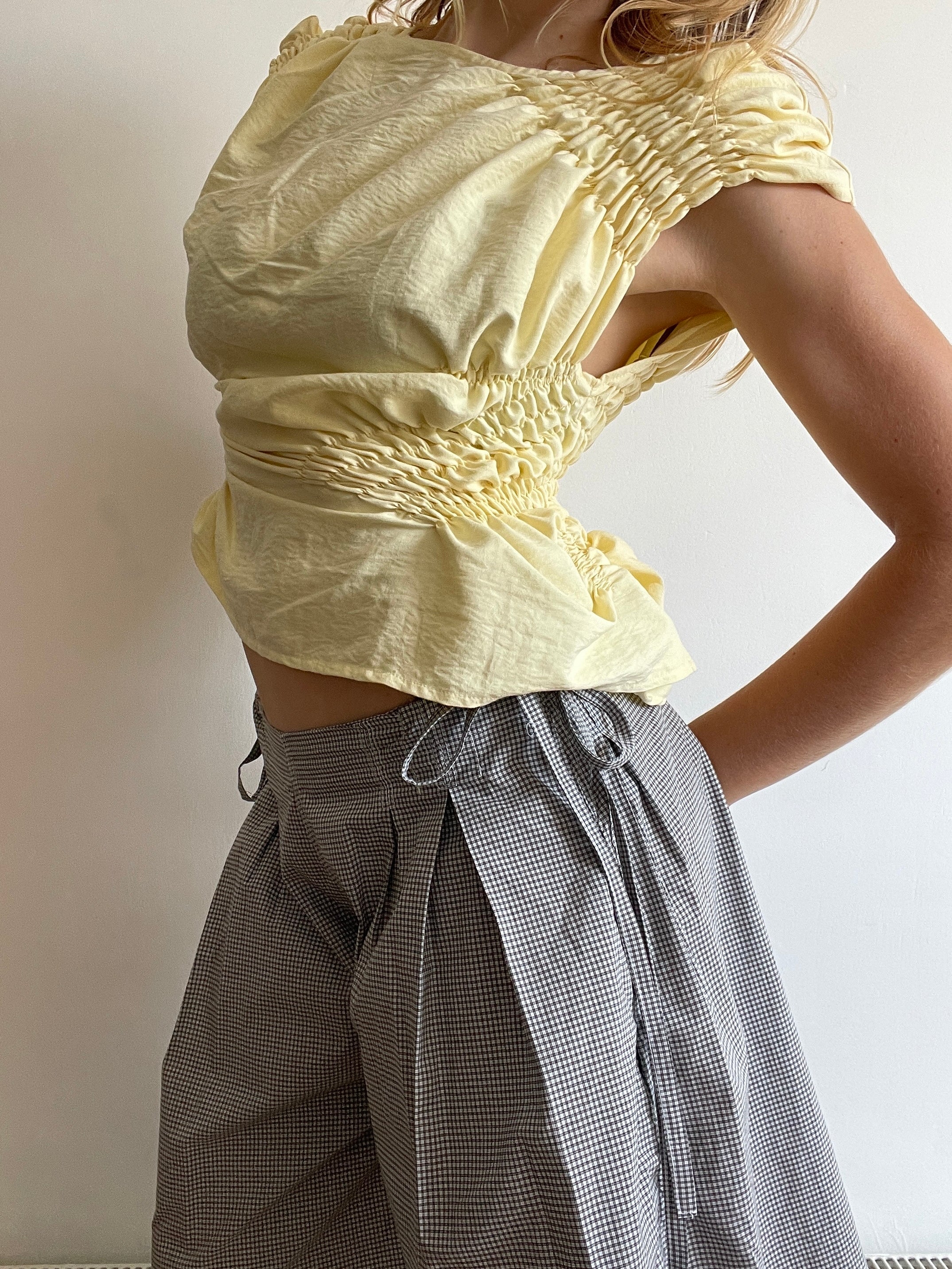 reworked ruched butter yellow slinky bubble top