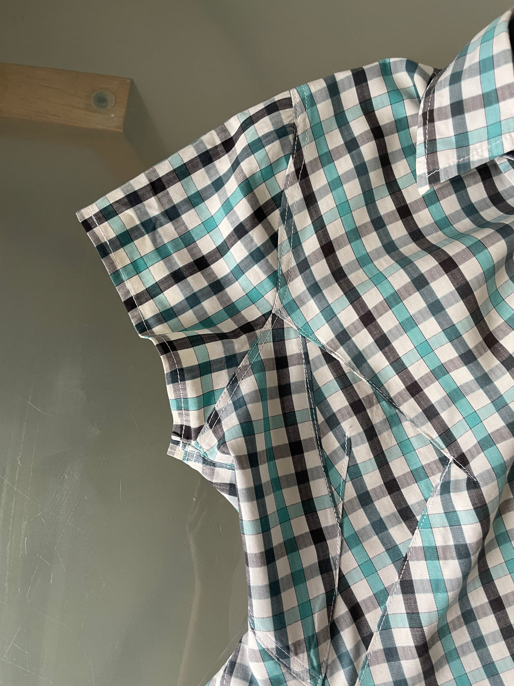 reworked blue black check fitted blouse