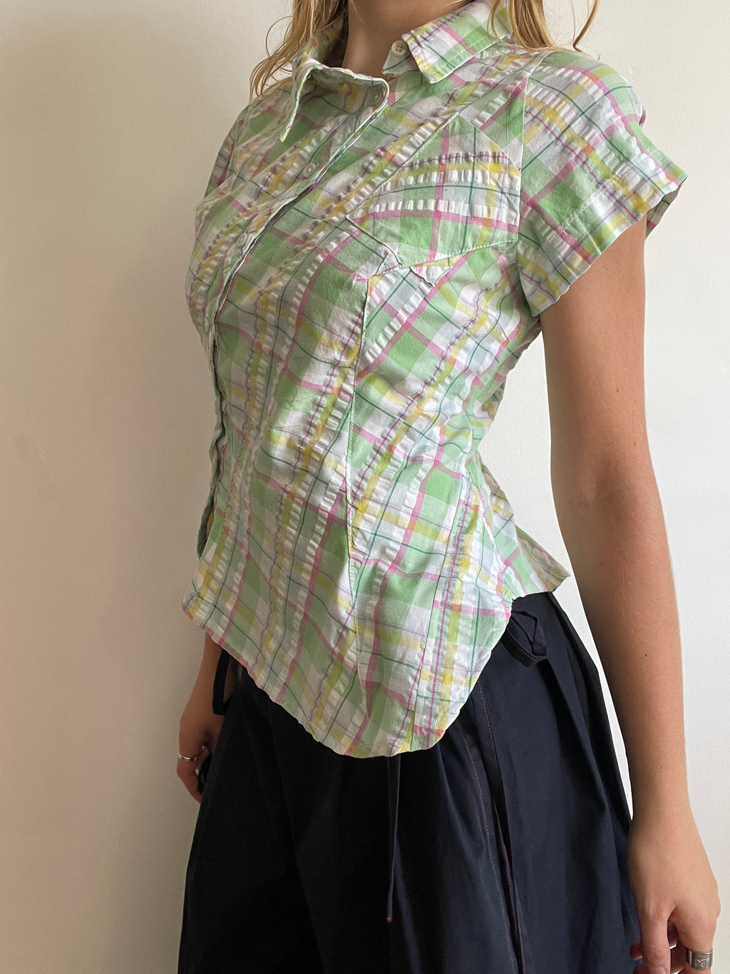 reworked seersucker tartan green pink fitted asymetrical shirt