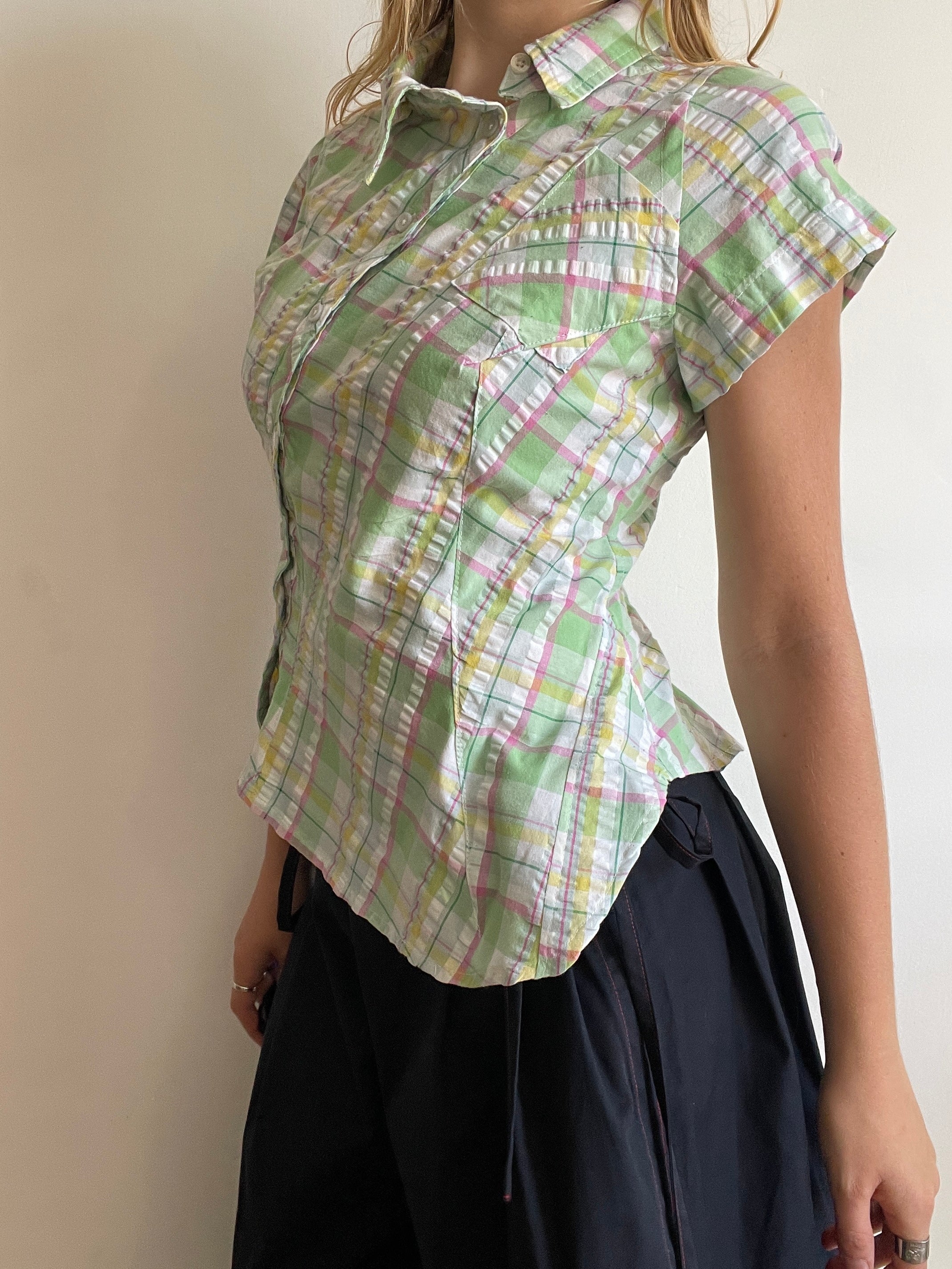 reworked seersucker tartan green pink fitted asymetrical shirt