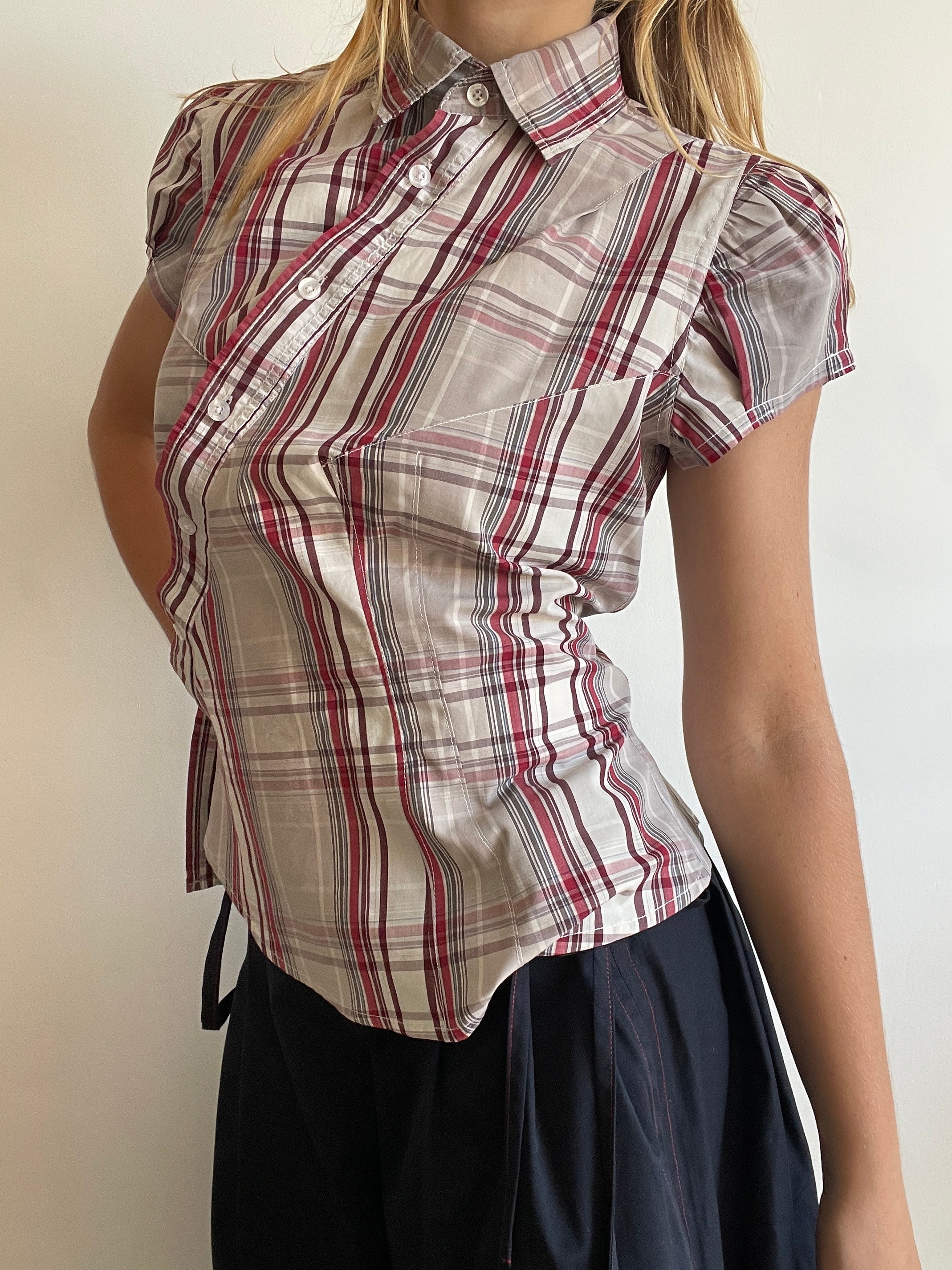 reworked asymetrical red beige checkered shirt