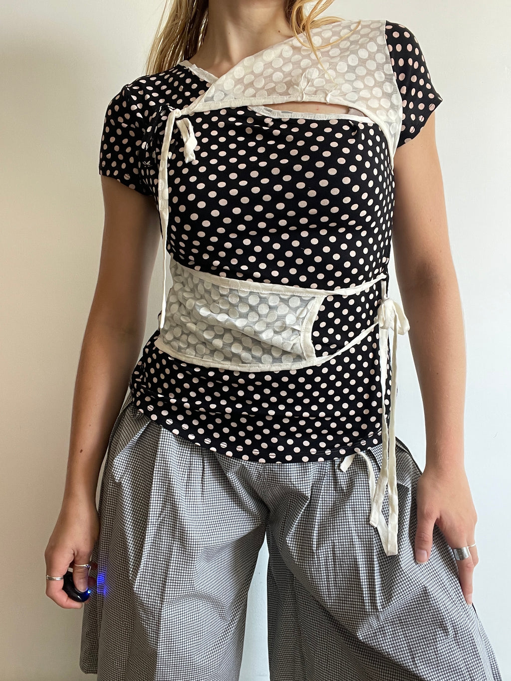 handmade ballet style tie up contrast polka monochrome t shirt