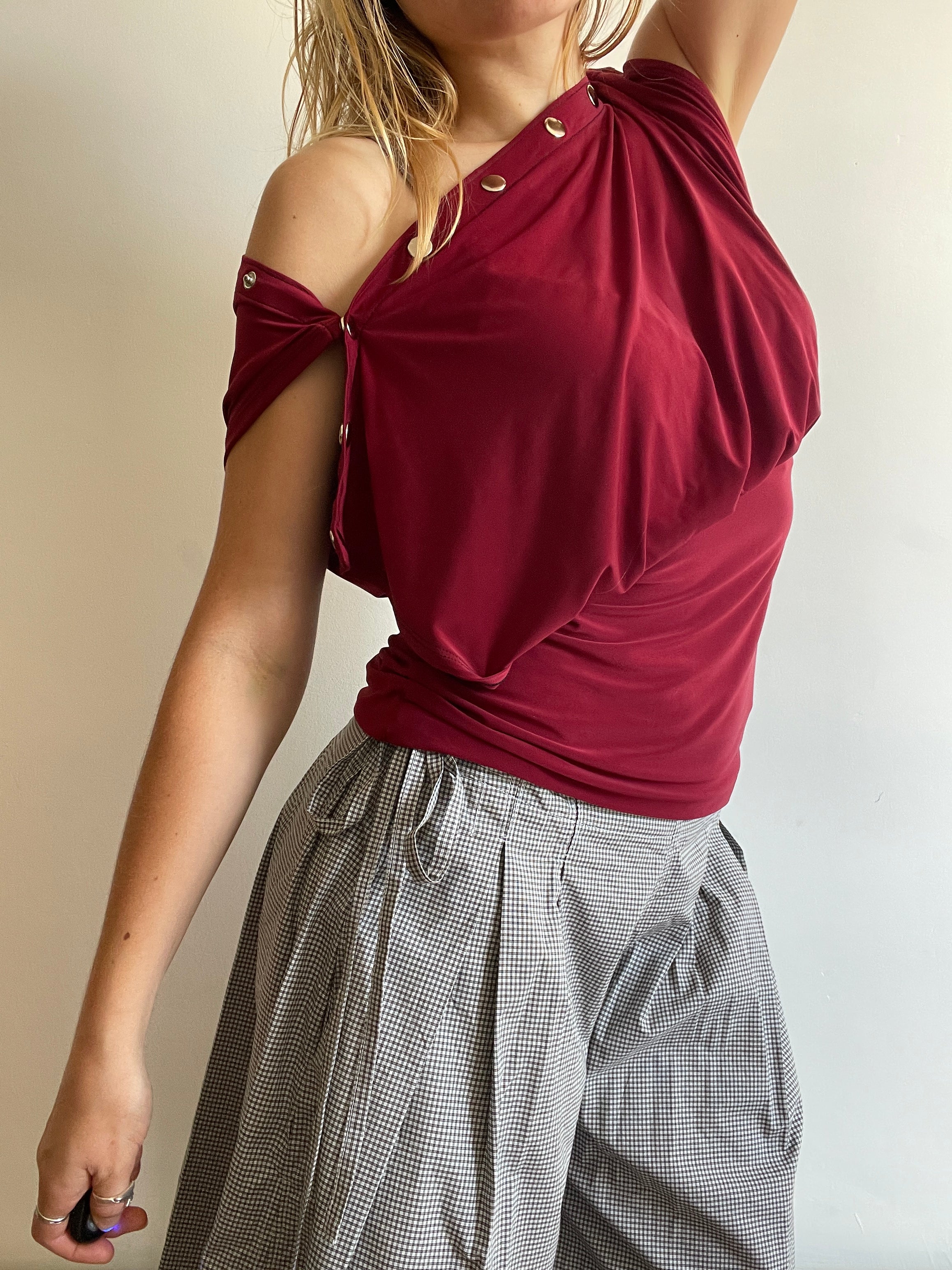 handmade wine red silver popper off shoulder multiwear top