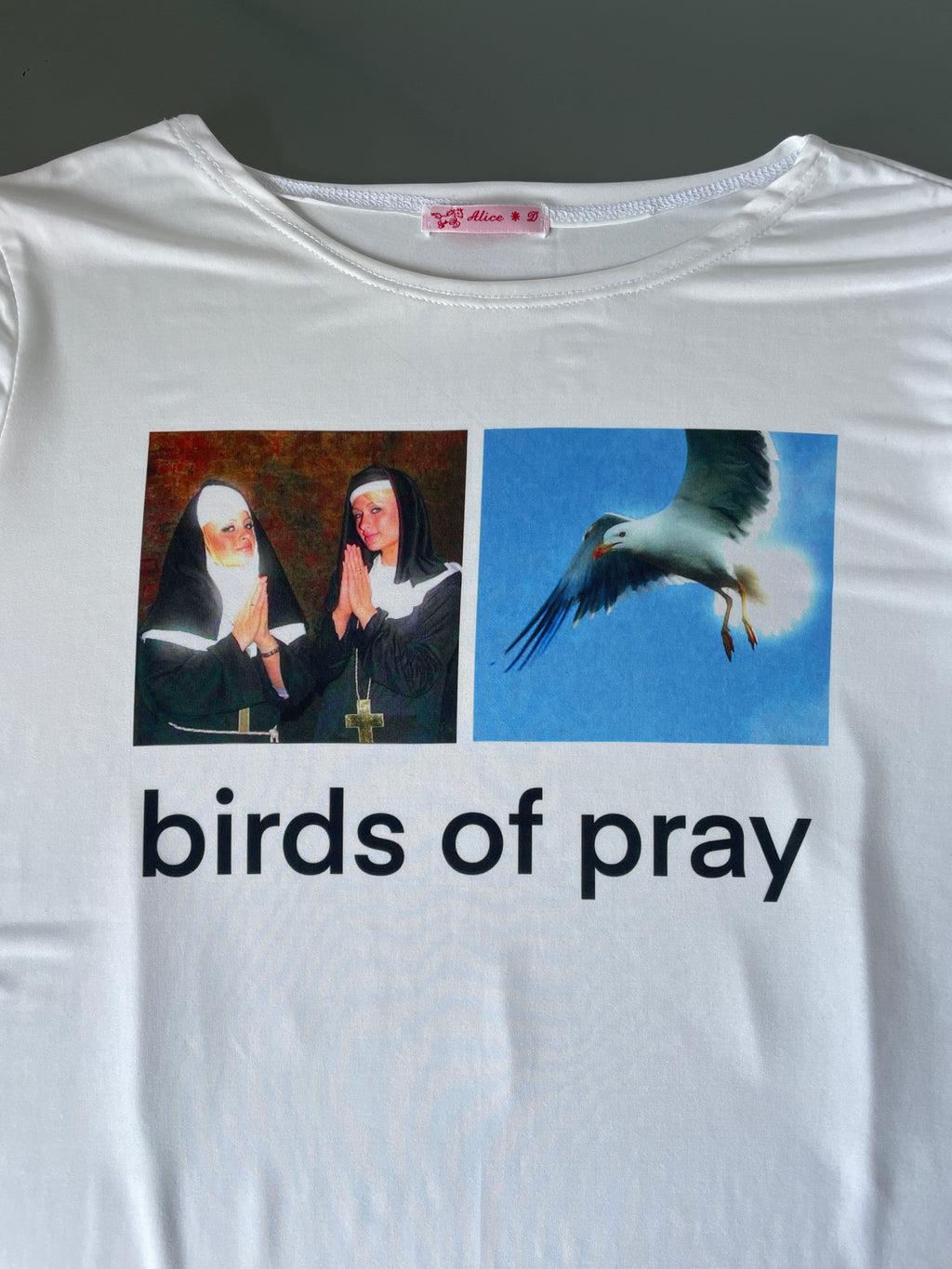 handmade slinky graphic birds of pray slogan baby tee
