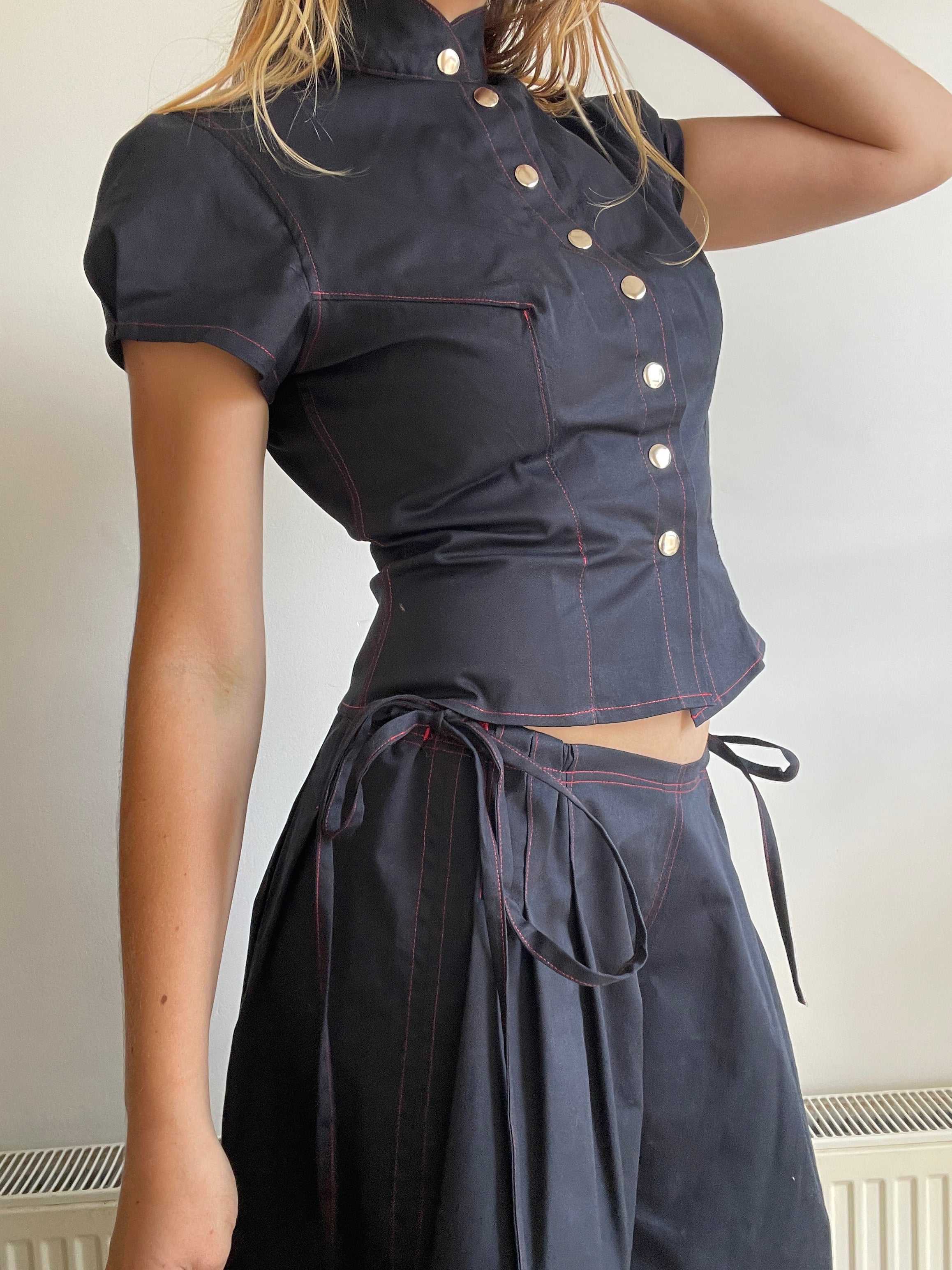 handmade matching set navy stretch baggy shorts and shirt