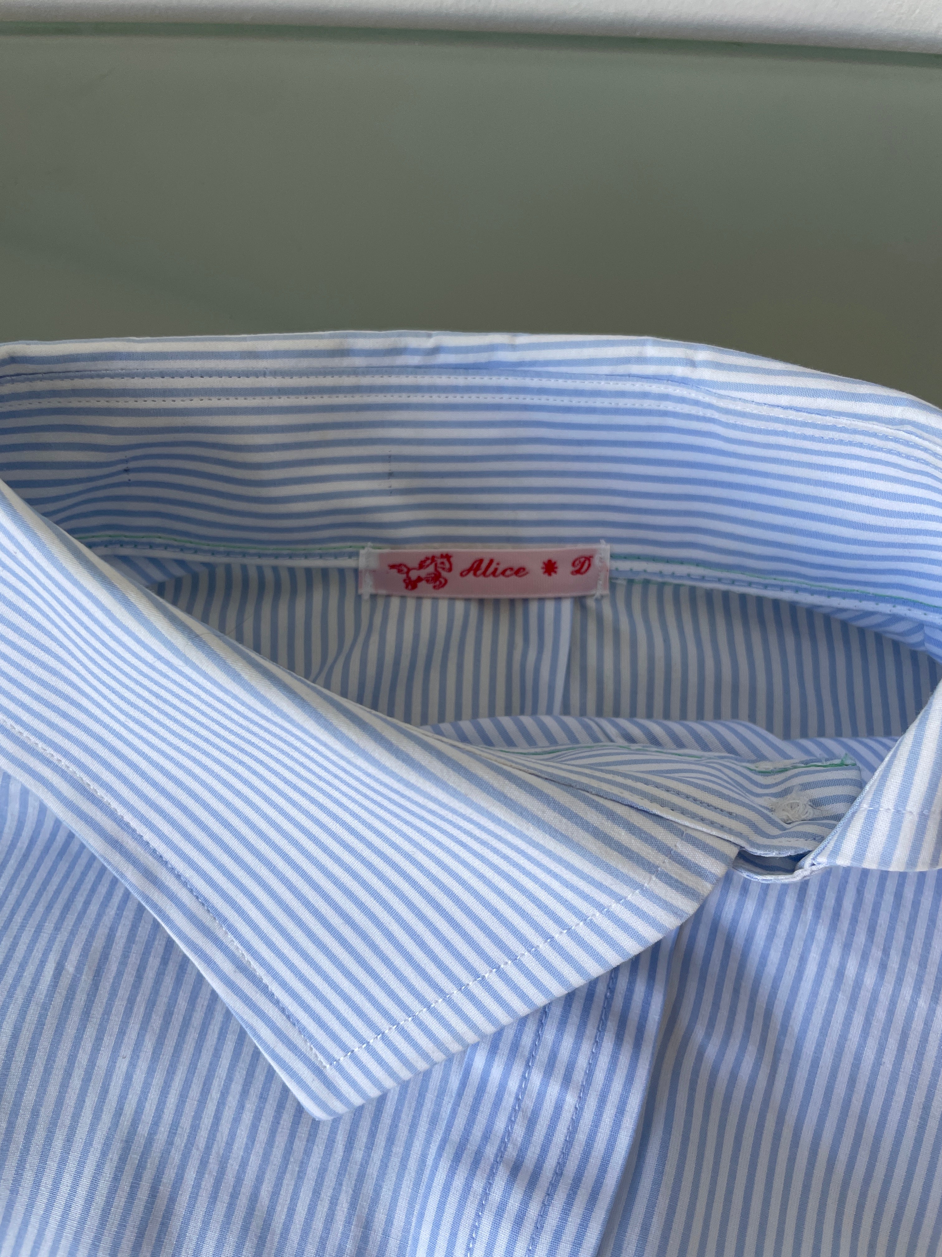 reworked asymetrical baby blue pinstripe pocket collar shirt