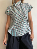 reworked blue black check fitted blouse