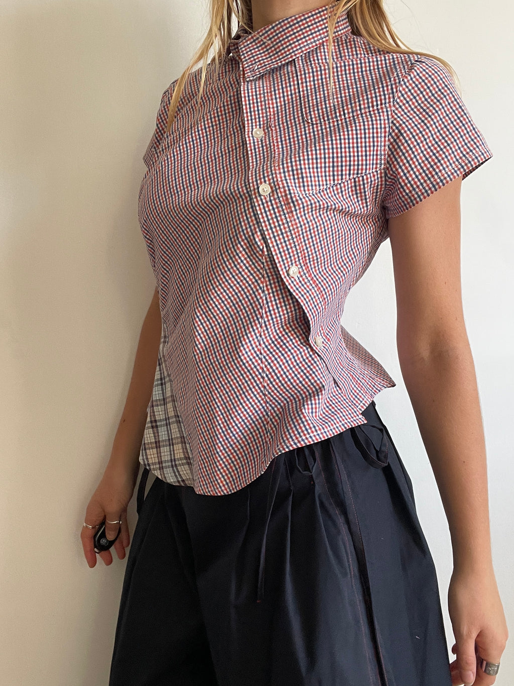 reworked patchwork gingham check blouse