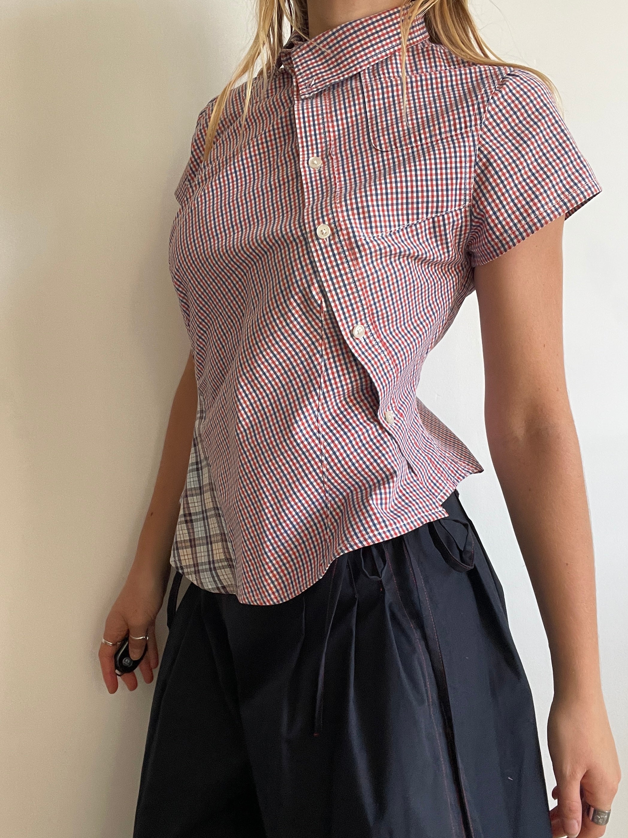 reworked patchwork gingham check blouse