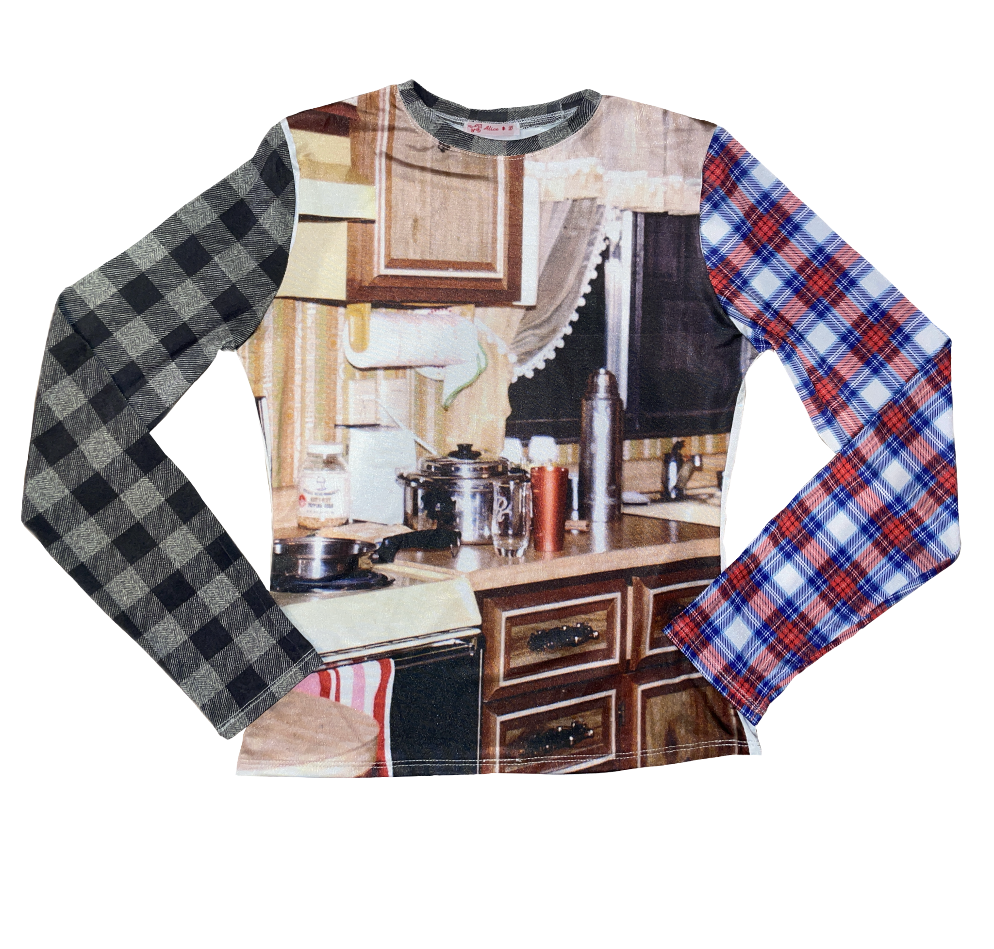 handmade digital print vintage longsleeve top with contrast tartan sleeves